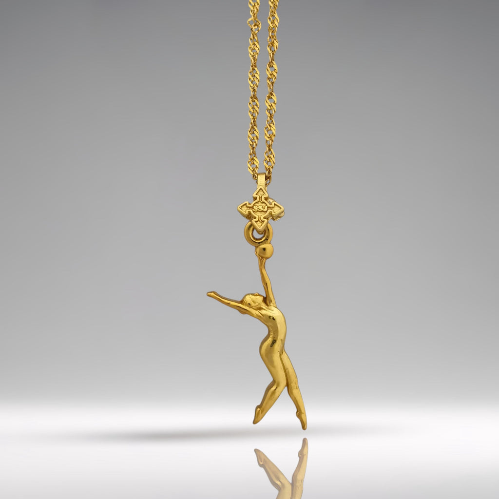 Художествена гимнастика (съчетание с топка) – Дамски спортен медальон от сребро 925 с позлатено покритие – Ръчно изработено спортно бижу – Идеален подарък за жена, фенка на художествената гимнастика – SSJ