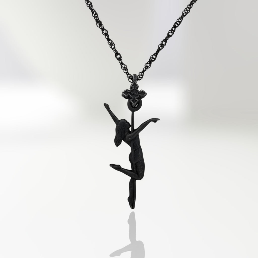 Black oxidized pole dance necklace in 925 sterling silver – bold, sensual, and full of feminine energy. This pendant captures a woman in motion, wrapped around the pole with elegance, grace, and raw confidence.

Designed for women who express power through movement and embrace their sensuality unapologetically. With its dark, matte finish and sculptural detail, it’s a striking piece of erotic body art – both empowering and intimate.