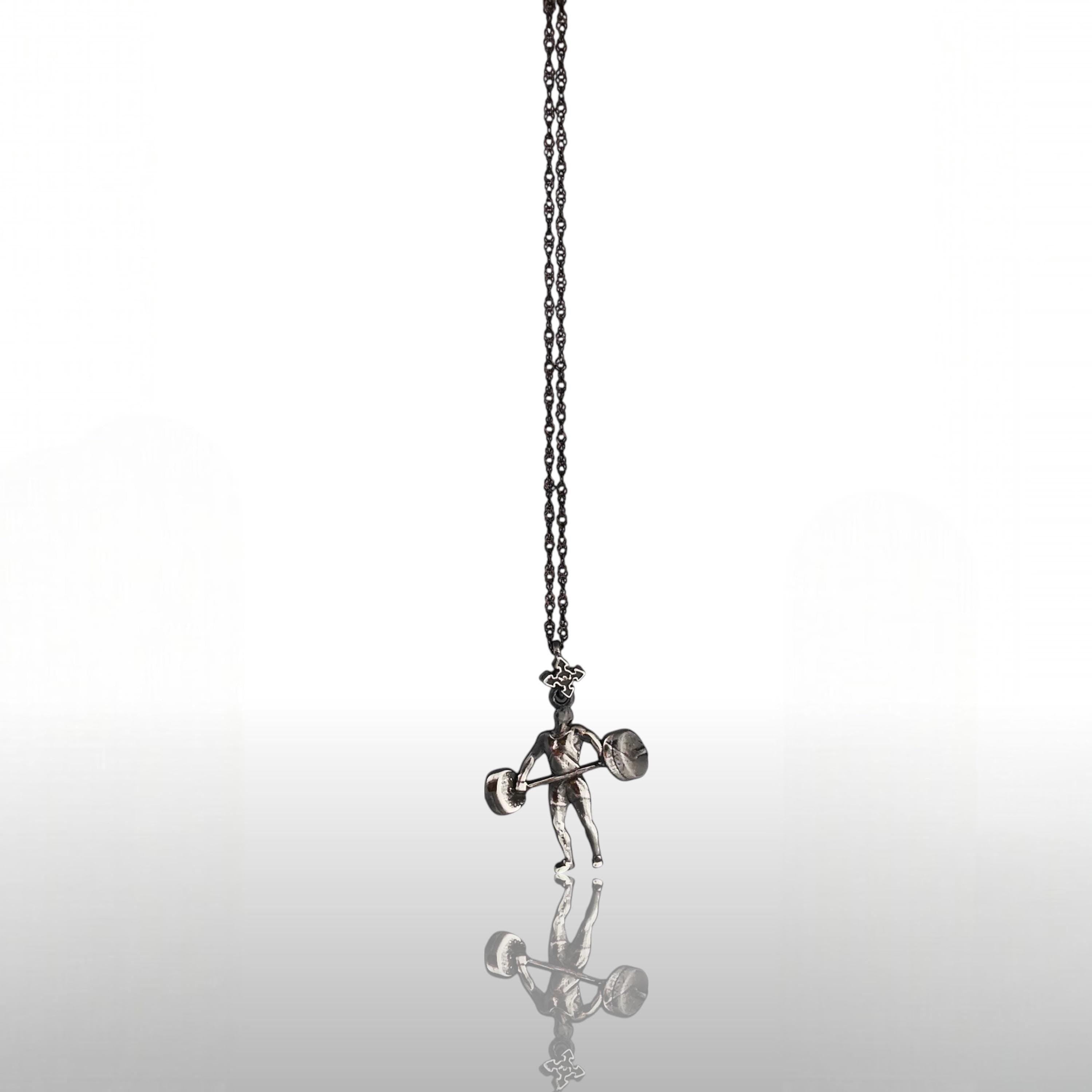 Вдигане на тежести – Мъжки спортен медальон от сребро 925 с винтидж покритие – Ръчно изработено спортно бижу – Идеален подарък за мъж, фен на силовите спортове – SSJ