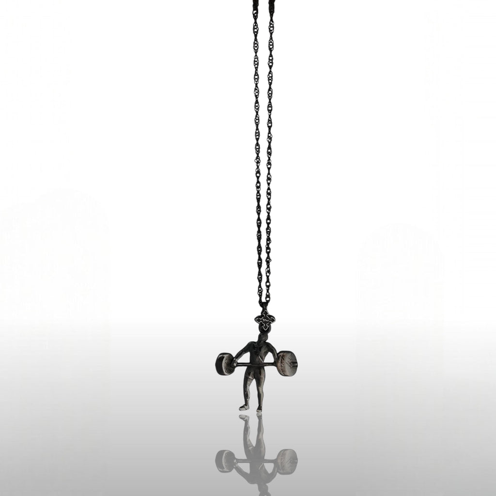 Вдигане на тежести – Мъжки спортен медальон от сребро 925 с оксидирано покритие – Ръчно изработено спортно бижу – Идеален подарък за мъж, фен на силовите спортове – SSJ