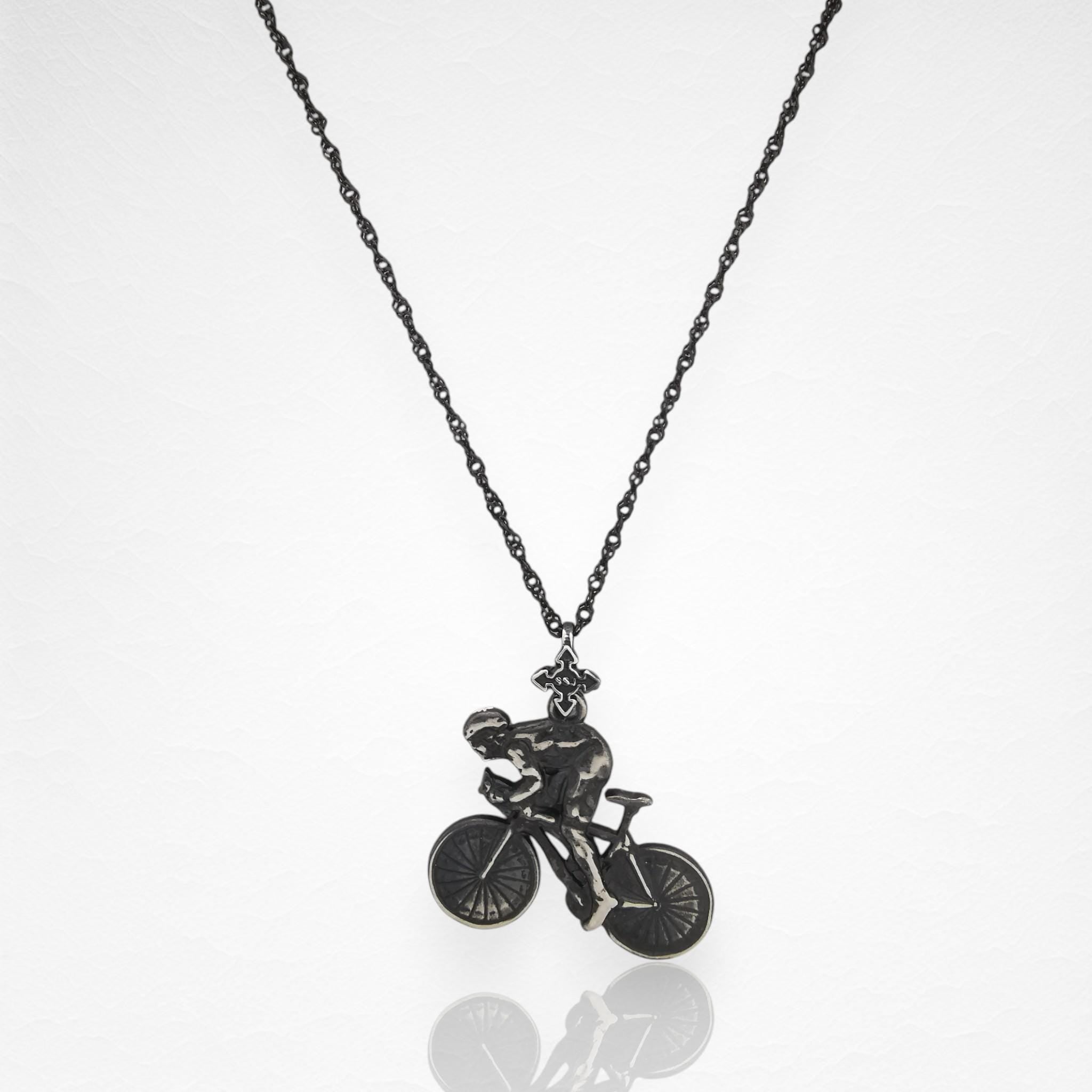 Сребърен медальон 925 колоездене – Колоездач, винтидж стил