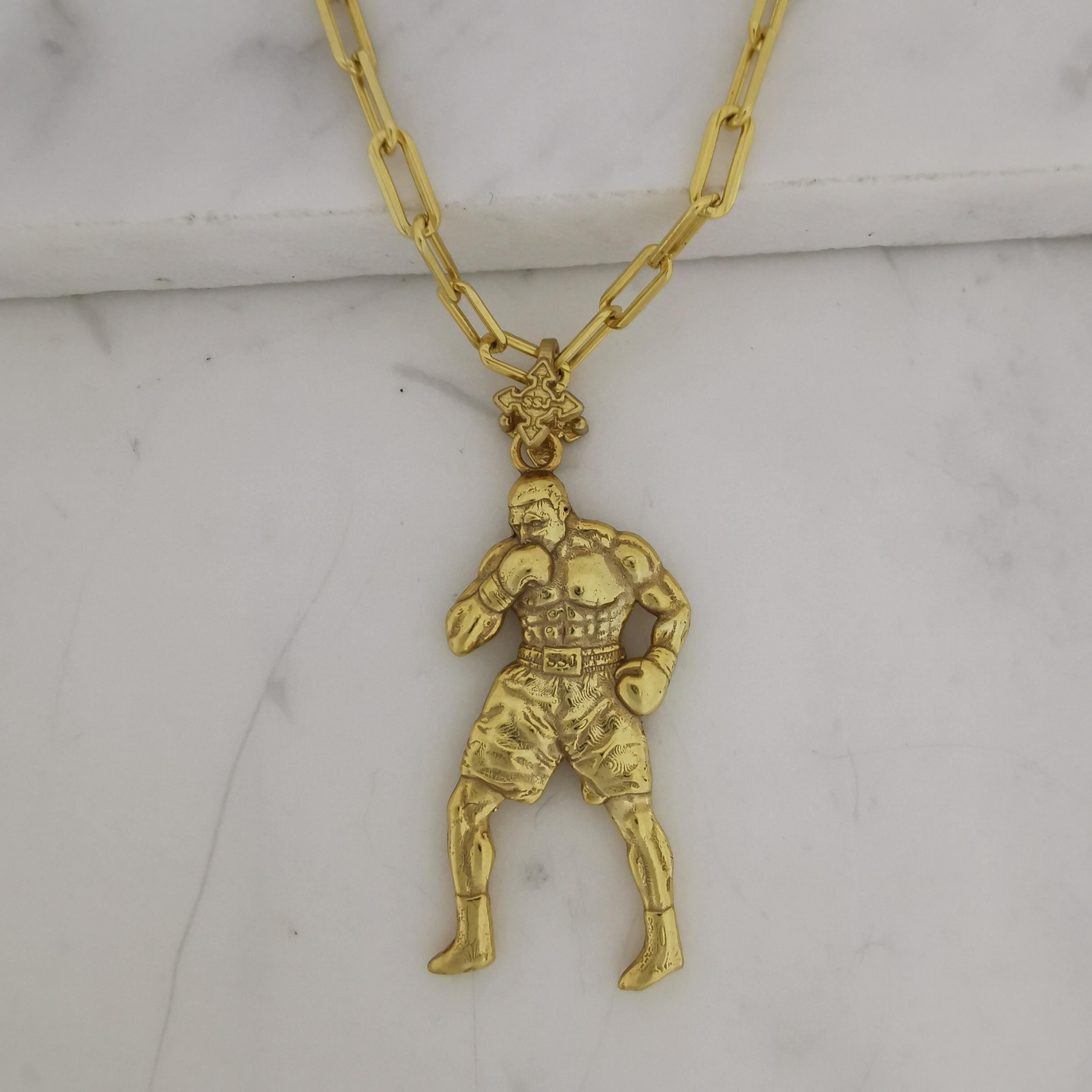 Боксьор – Мъжки спортен медальон за бойци, боксьори и MMA атлети от сребро 925 с позлатено покритие – Ръчно изработено бижу талисман за бойни изкуства – SSJ