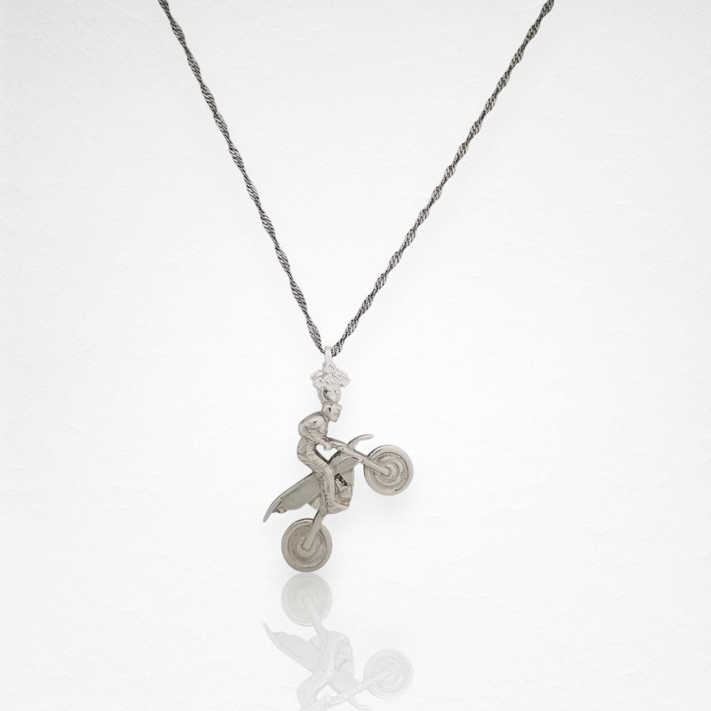 Мотокрос – Мъжки спортен медальон от сребро 925 в класическо сребро – Ръчно изработено спортно бижу – Идеален подарък за мъж, фен на мотокроса – SSJ