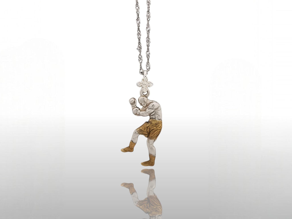 Боксьор – Мъжки спортен медальон за бойци, боксьори и MMA атлети от сребро 925 с частично позлатено покритие – Ръчно изработено бижу талисман за бойни изкуства – SSJ