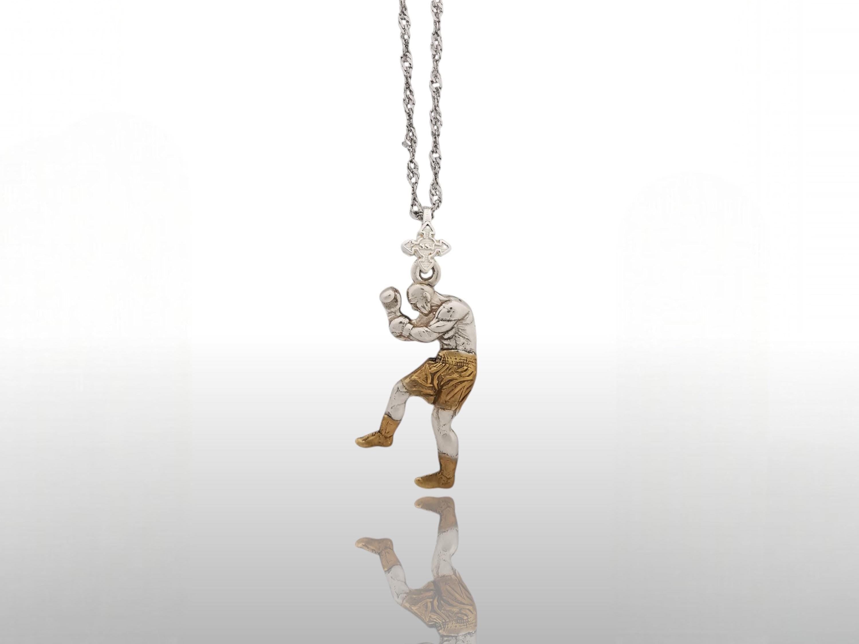 Боксьор – Мъжки спортен медальон за бойци, боксьори и MMA атлети от сребро 925 с частично позлатено покритие – Ръчно изработено бижу талисман за бойни изкуства – SSJ