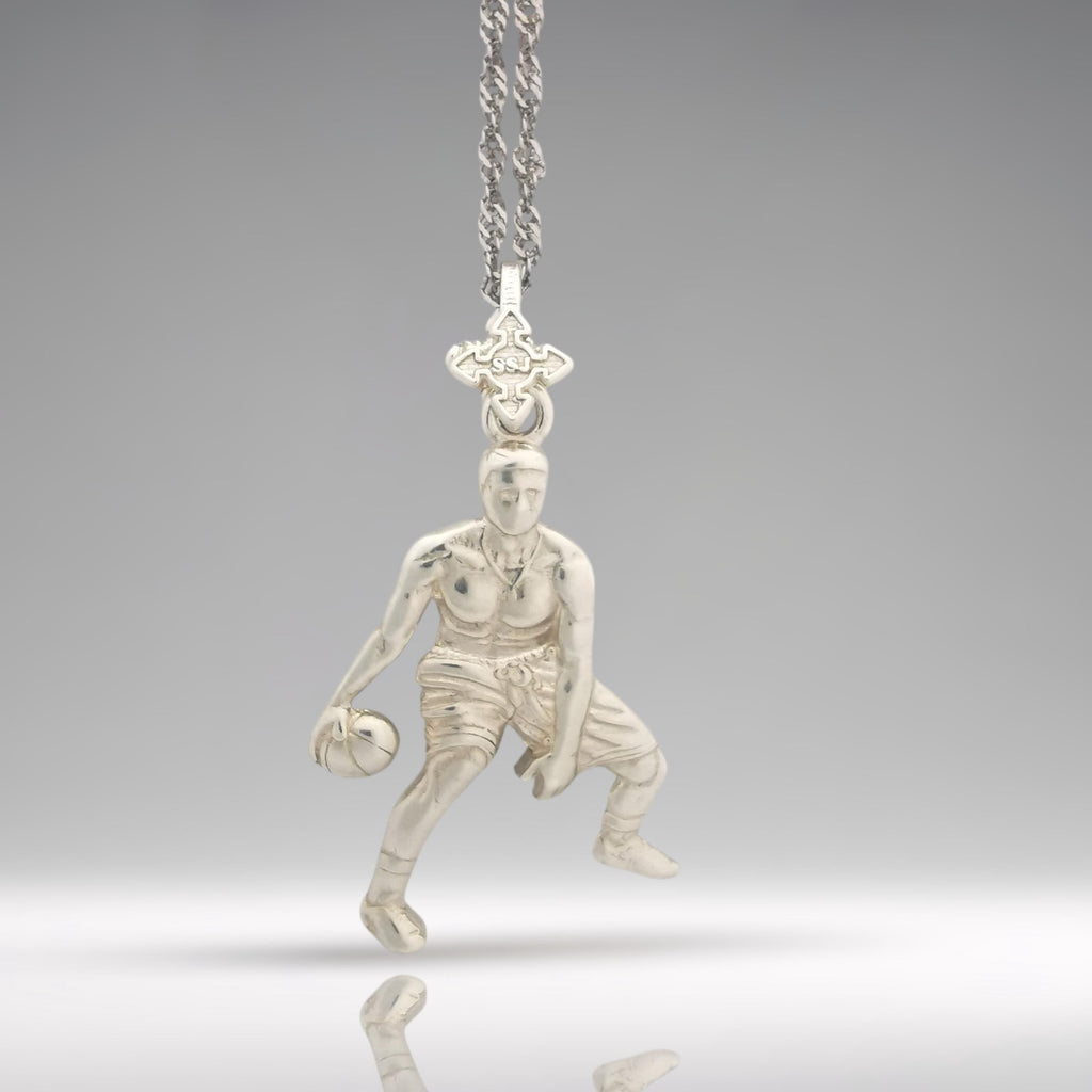 Баскетбол – Мъжки спортен медальон от сребро 925 – Ръчно изработено бижу талисман за баскетболисти и фенове – Идеален подарък за спортист, треньор или почитател – SSJ