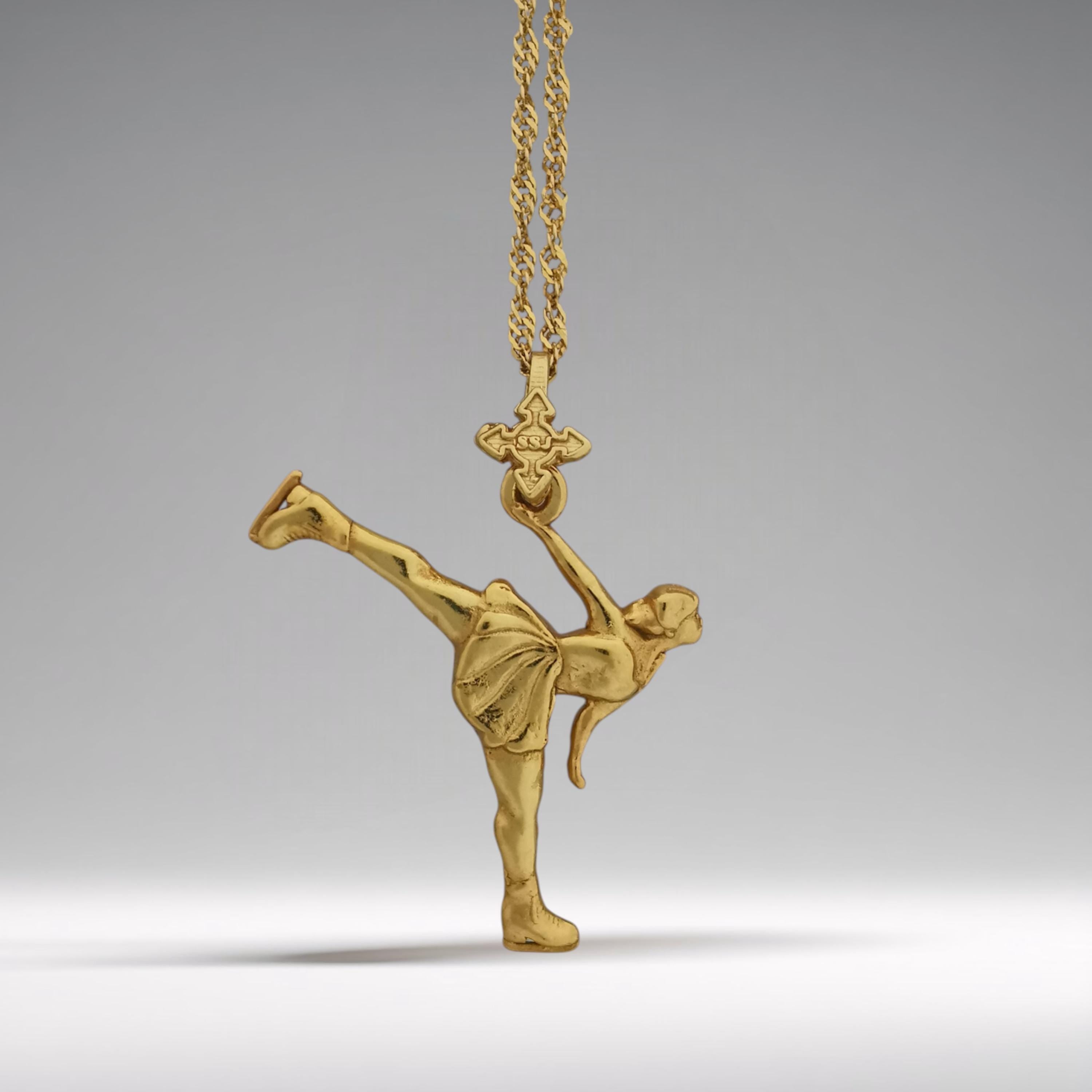 Фигурно пързаляне (спирала) – Дамски спортен медальон от сребро 925 с позлатено покритие – Ръчно изработено спортно бижу – Идеален подарък за жена, фенка на фигурното пързаляне – SSJ