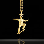 Gold skateboard necklace made from solid 925 sterling silver with polished gold plating – a bold streetwear pendant for skaters, athletes, and urban style lovers. This handcrafted piece captures the fearless spirit of freestyle culture with motion, attitude, and shine.

Featuring a skateboarder mid-trick, this pendant speaks to those who push limits, embrace movement, and lead with confidence. A powerful accessory for anyone who rides hard and lives bold.
