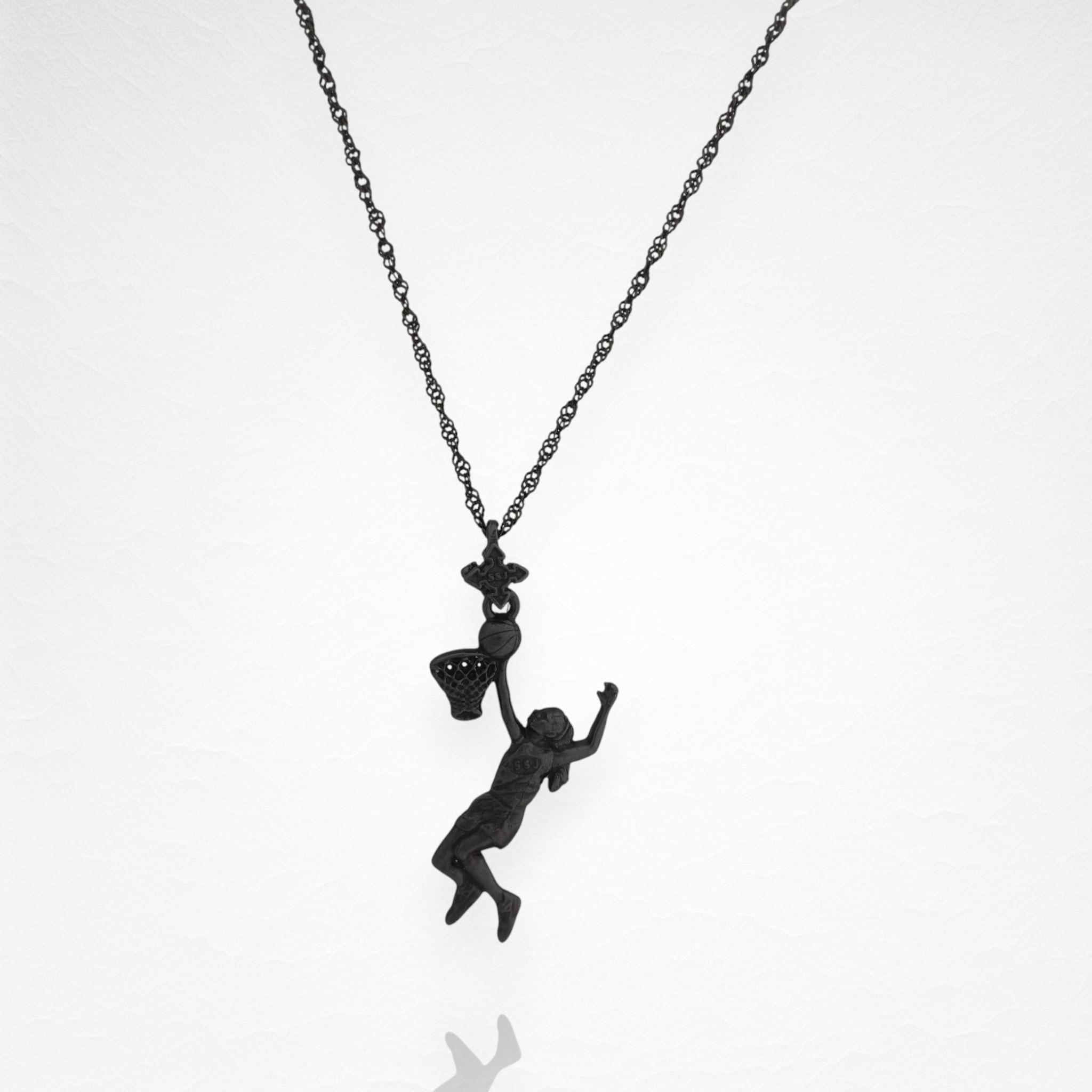 Дамски медальон 925 баскетбол – Баскетболистка забивка, оксидирано черно