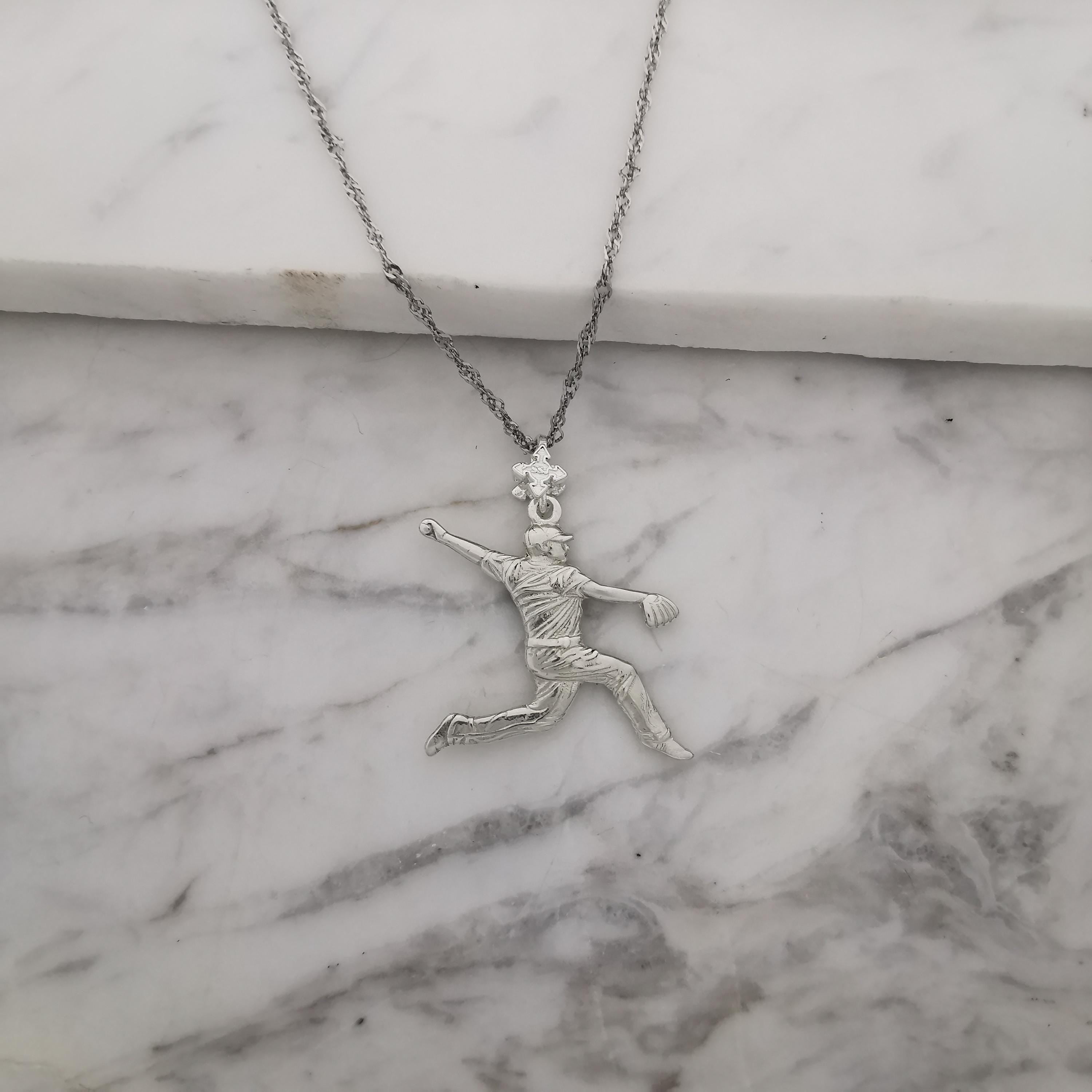 Бейзбол – Мъжки спортен медальон за бейзболист питчър от сребро 925 – Ръчно изработено бижу талисман – Идеален подарък за спортисти, треньори и фенове – SSJ