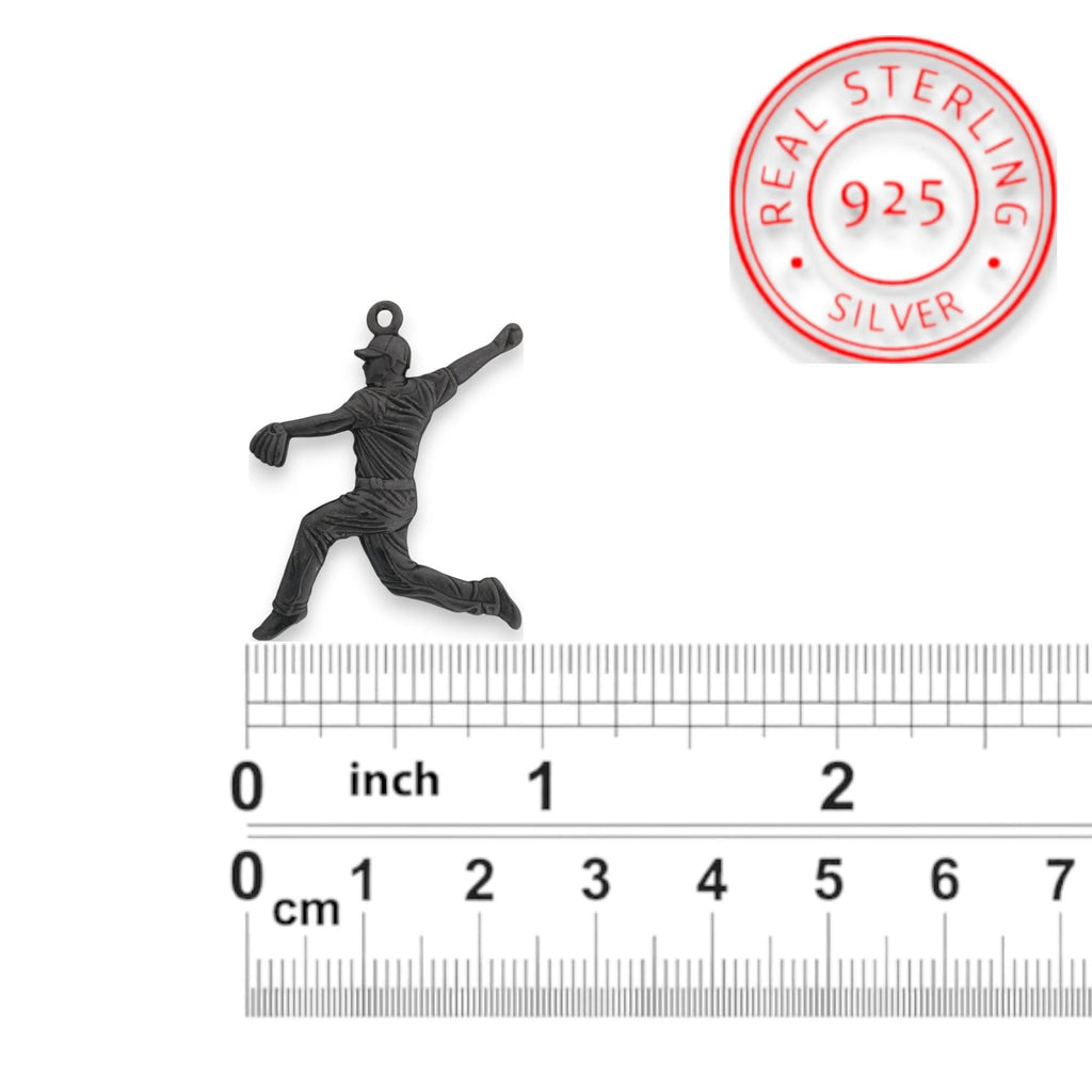 Бейзбол – Мъжки спортен медальон за бейзболист питчър от сребро 925 с оксидирано черно покритие – Ръчно изработено бижу талисман – Идеален подарък за спортисти, треньори и фенове – SSJ