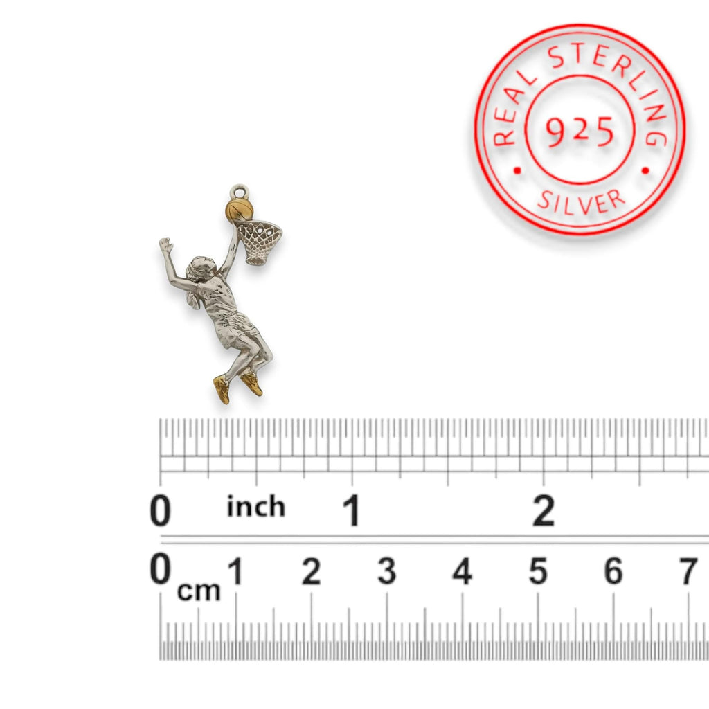 Баскетбол – Женски спортен медальон от сребро 925 с частично позлатено покритие – Ръчно изработено бижу талисман за баскетболистки и фенки на спорта – Идеален подарък за спортист, треньор или почитател – SSJ