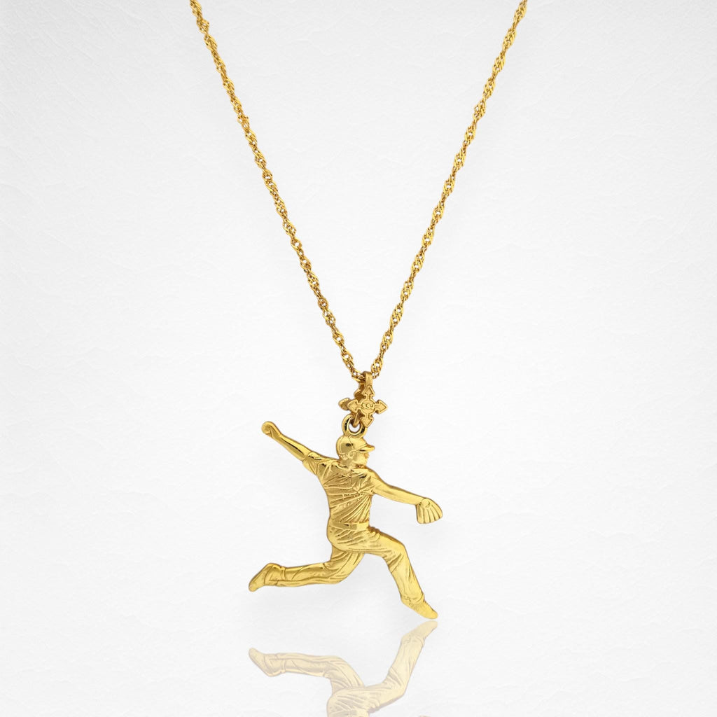 Бейзбол – Мъжки спортен медальон за бейзболист питчър от сребро 925 с позлатено покритие – Ръчно изработено бижу талисман – Идеален подарък за спортисти, треньори и фенове – SSJ