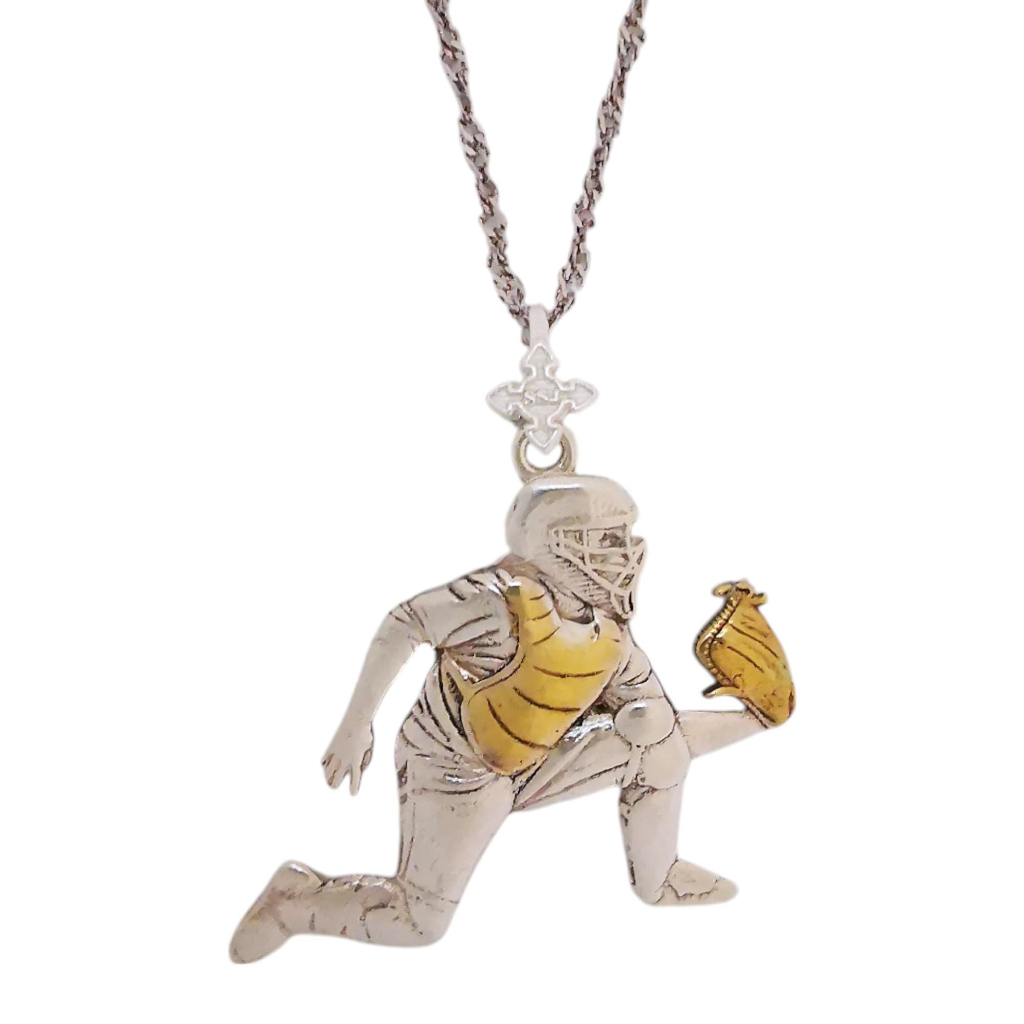 Бейзбол – Мъжки спортен медальон за бейзболист от сребро 925 с частично позлатено покритие – Ръчно изработено бижу талисман – Идеален подарък за спортисти, треньори и фенове – SSJ