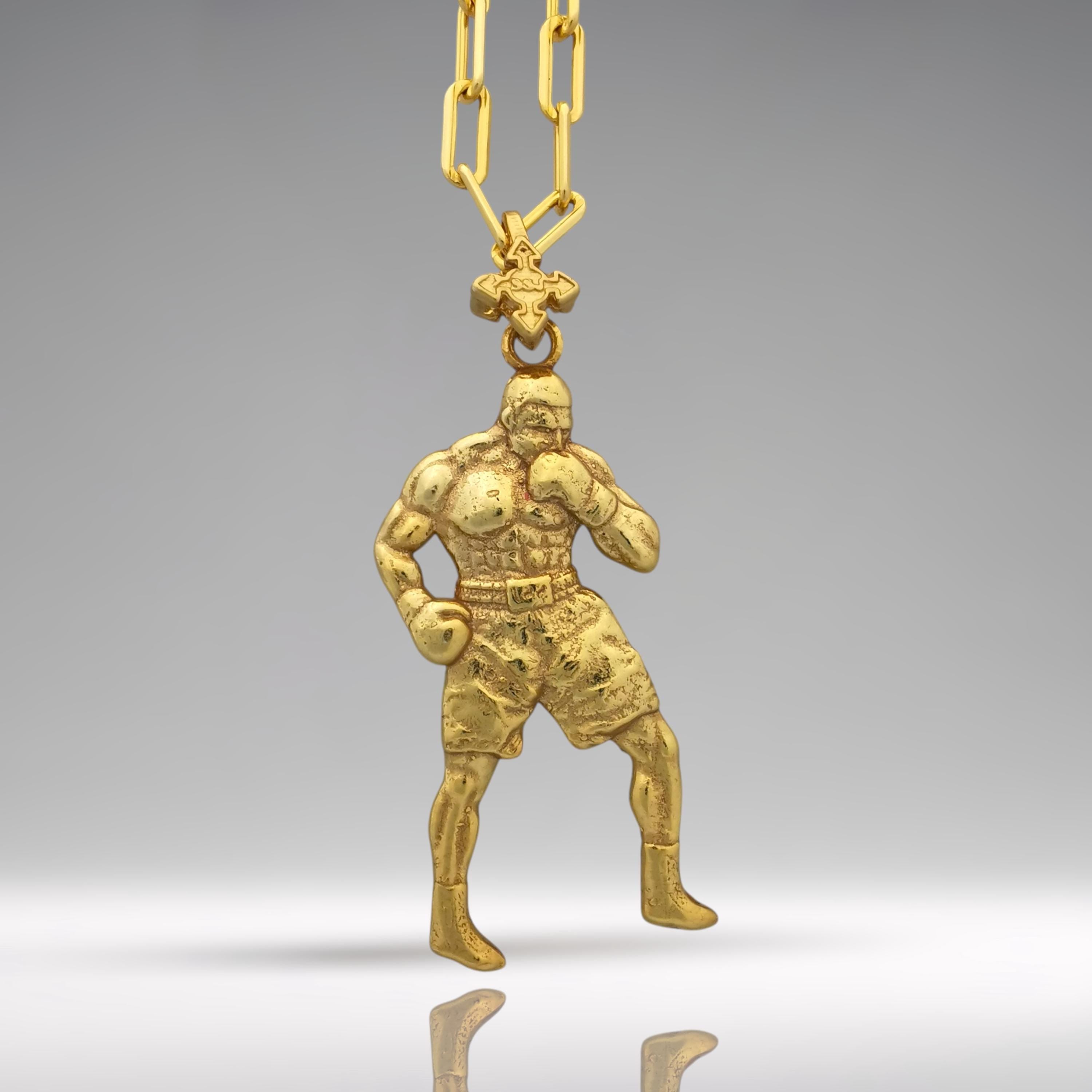 Боксьор – Мъжки спортен медальон за бойци, боксьори и MMA атлети от сребро 925 с позлатено покритие – Ръчно изработено бижу талисман за бойни изкуства – SSJ