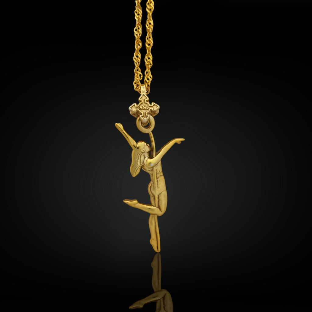 Gold pole dance necklace for women in solid 925 sterling silver with a polished finish — a graceful pendant honoring strength, elegance, and self-expression. Featuring a female dancer in motion, it’s a sleek, empowering gift for performers, athletes, and expressive women.