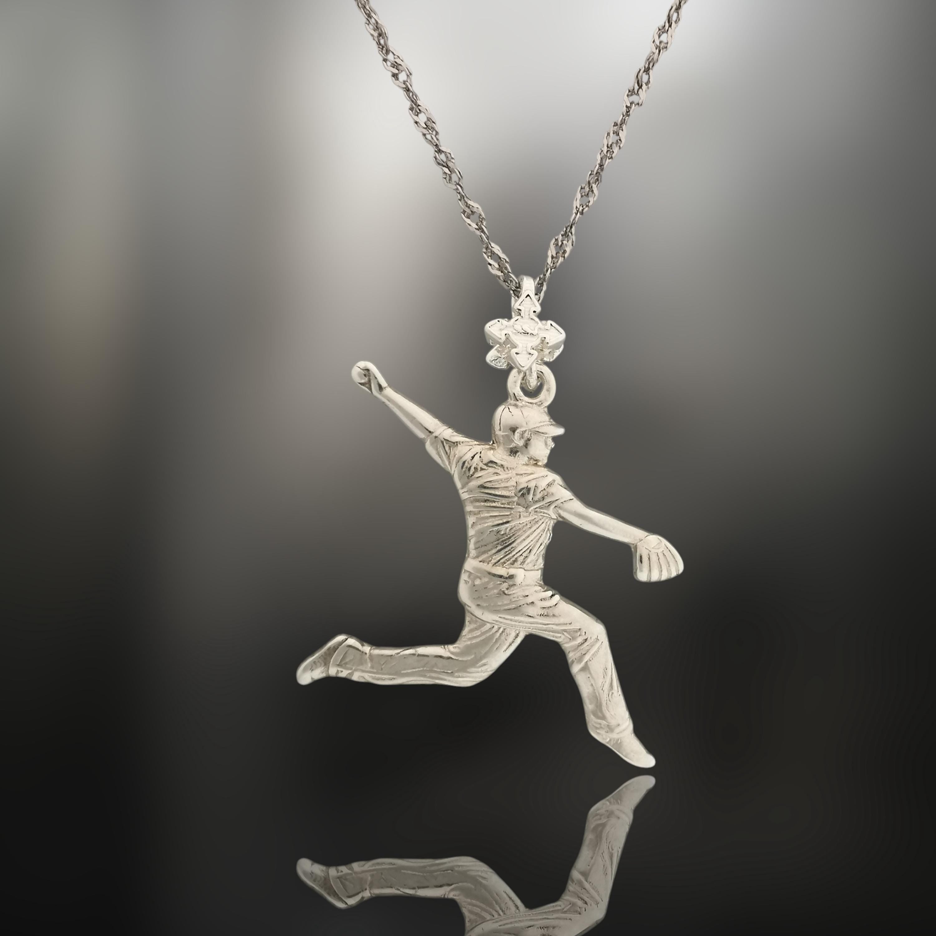 Бейзбол – Мъжки спортен медальон за бейзболист питчър от сребро 925 – Ръчно изработено бижу талисман – Идеален подарък за спортисти, треньори и фенове – SSJ