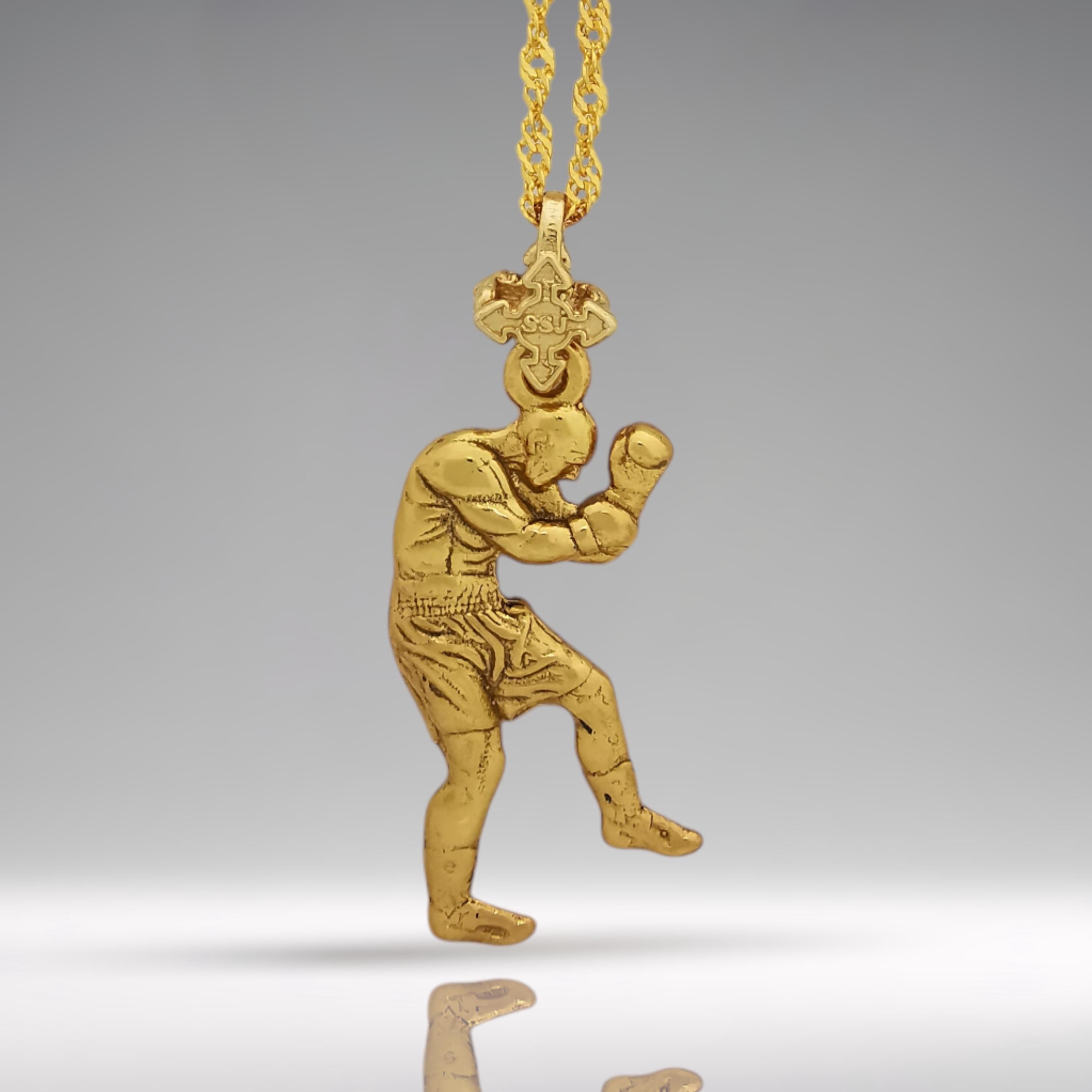 Боксьор – Мъжки спортен медальон за бойци, боксьори и MMA атлети от сребро 925 с позлатено покритие – Ръчно изработено бижу талисман за бойни изкуства – SSJ
