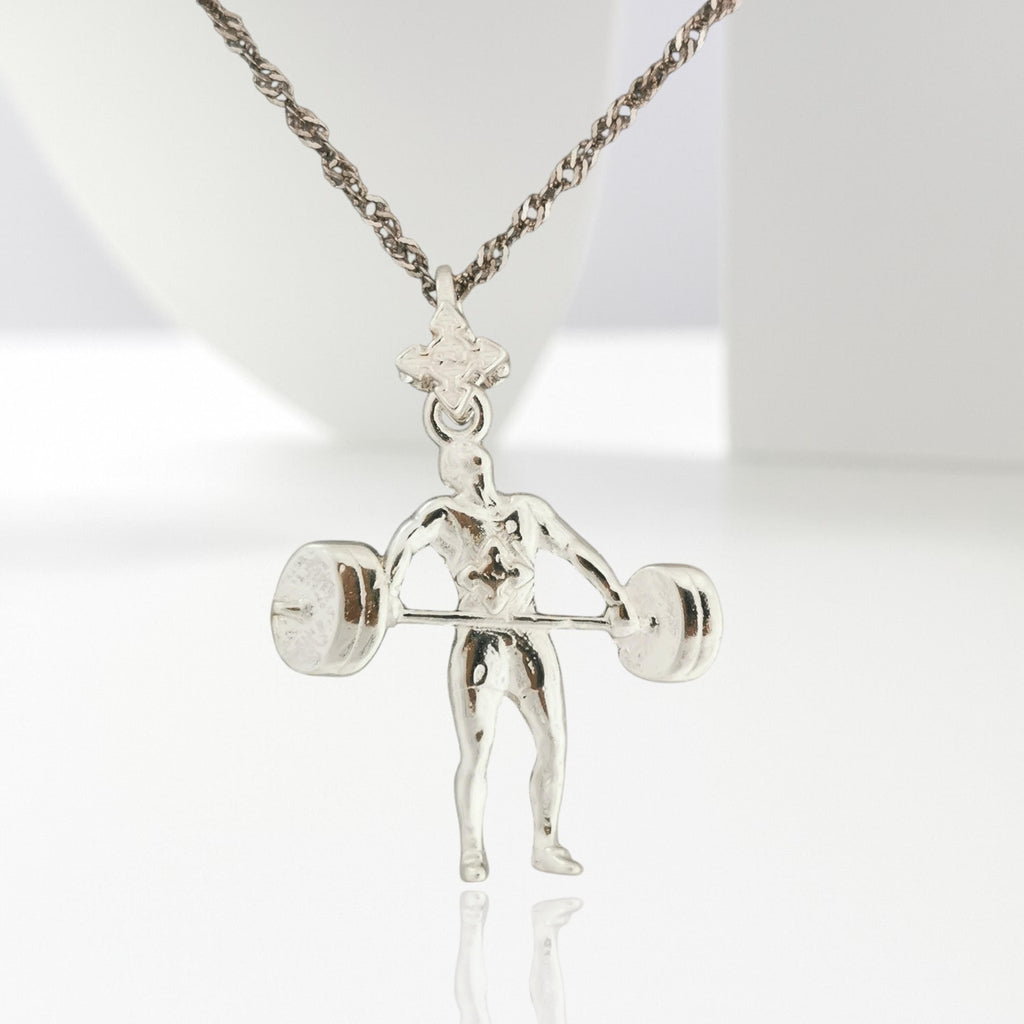 Вдигане на тежести – Мъжки спортен медальон от сребро 925 в класическо сребро – Ръчно изработено спортно бижу – Идеален подарък за мъж, фен на силовите спортове – SSJ