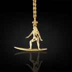 Gold-plated surf girl necklace handcrafted from solid 925 sterling silver — a radiant pendant celebrating sun-kissed waves, freedom, and feminine spirit.

This design captures a woman in motion atop her surfboard — elegant, balanced, and unstoppable. The polished gold finish brings warmth and coastal glamour, evoking memories of endless summer and ocean serenity. A meaningful gift for those who chase waves and live by the tide.