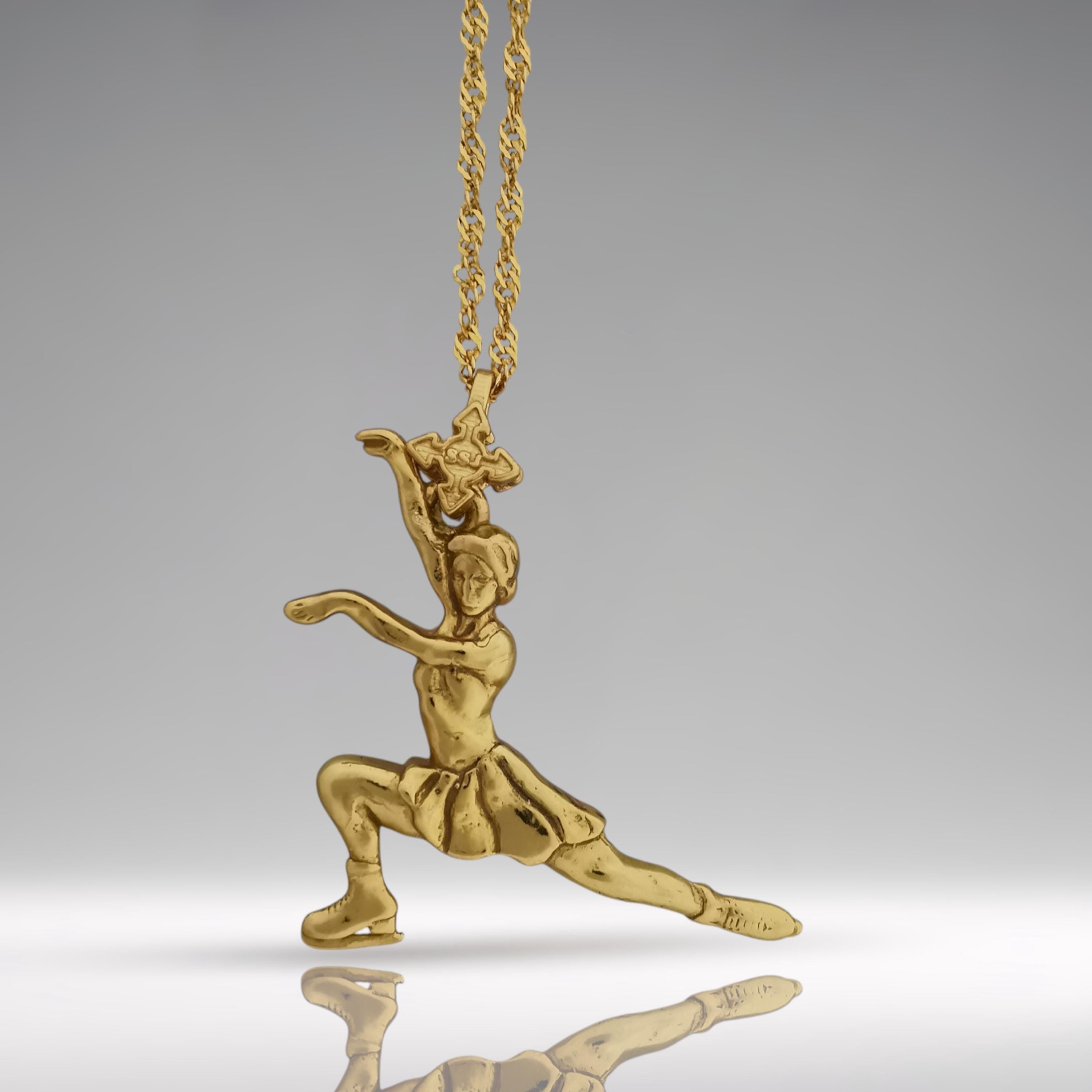 Фигурно пързаляне – Дамски спортен медальон от сребро 925 с позлатено покритие – Ръчно изработено спортно бижу – Идеален подарък за жена, фенка на фигурното пързаляне – SSJ