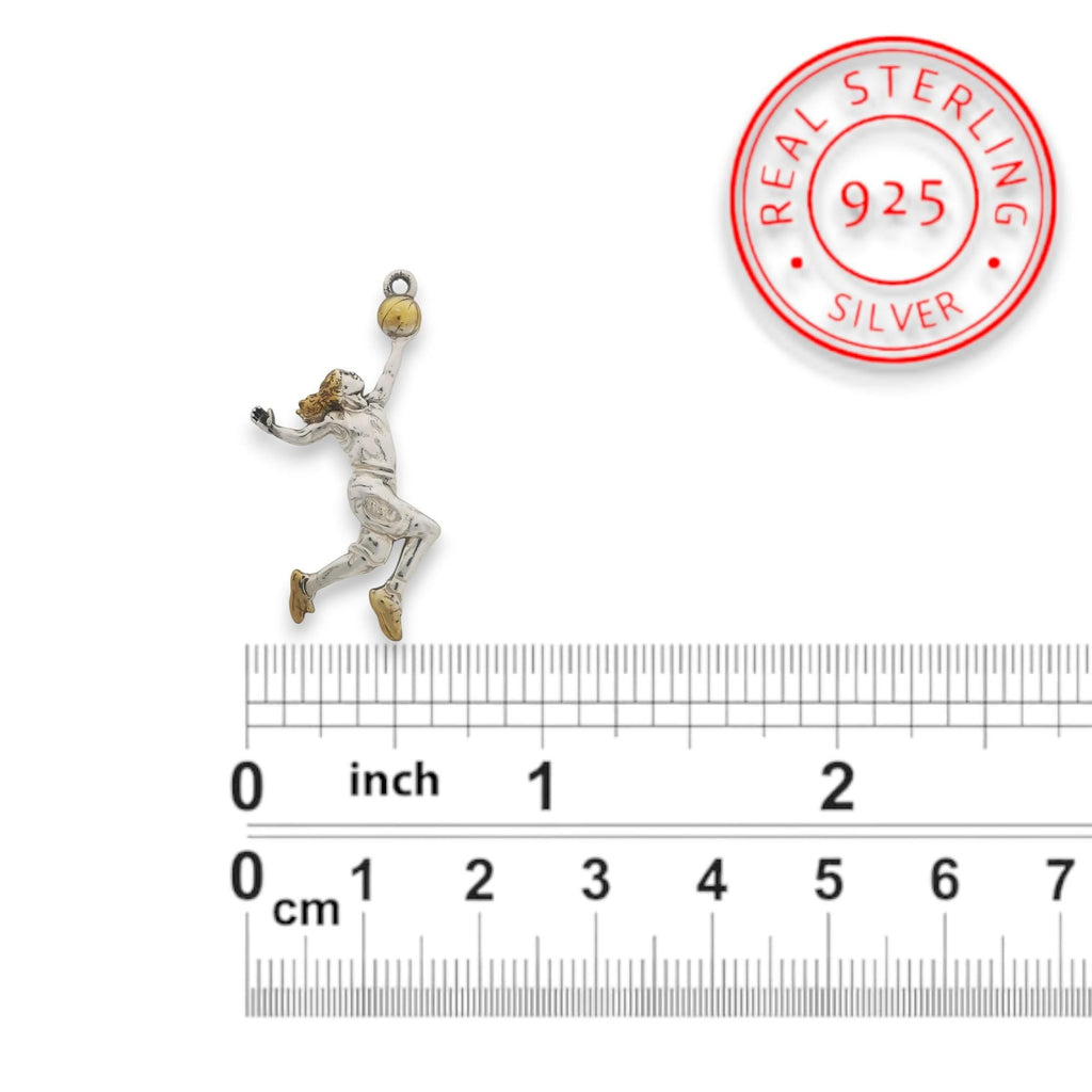 Баскетбол – Женски спортен медальон от сребро 925 с частично позлатено покритие – Ръчно изработено бижу талисман за баскетболистки и фенки на спорта – Идеален подарък за спортист, треньор или почитател – SSJ