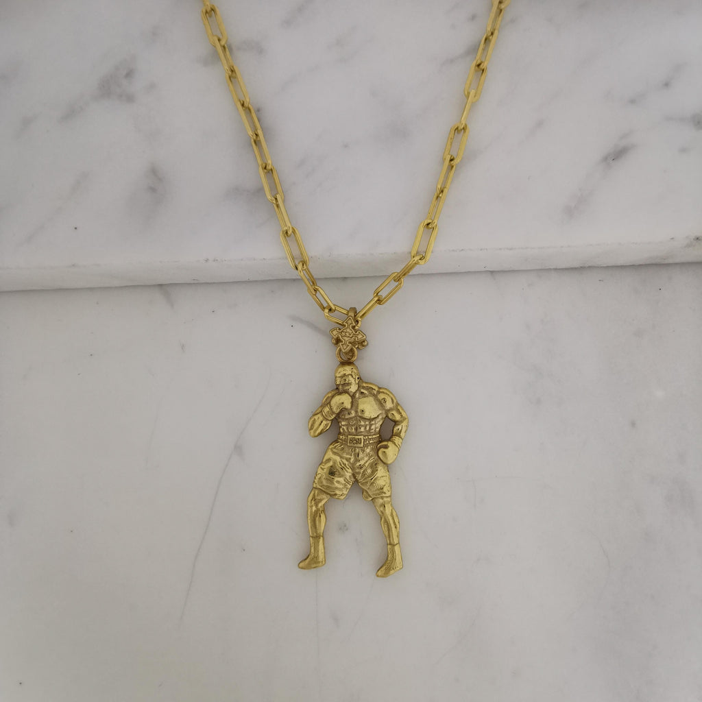Боксьор – Мъжки спортен медальон за бойци, боксьори и MMA атлети от сребро 925 с позлатено покритие – Ръчно изработено бижу талисман за бойни изкуства – SSJ