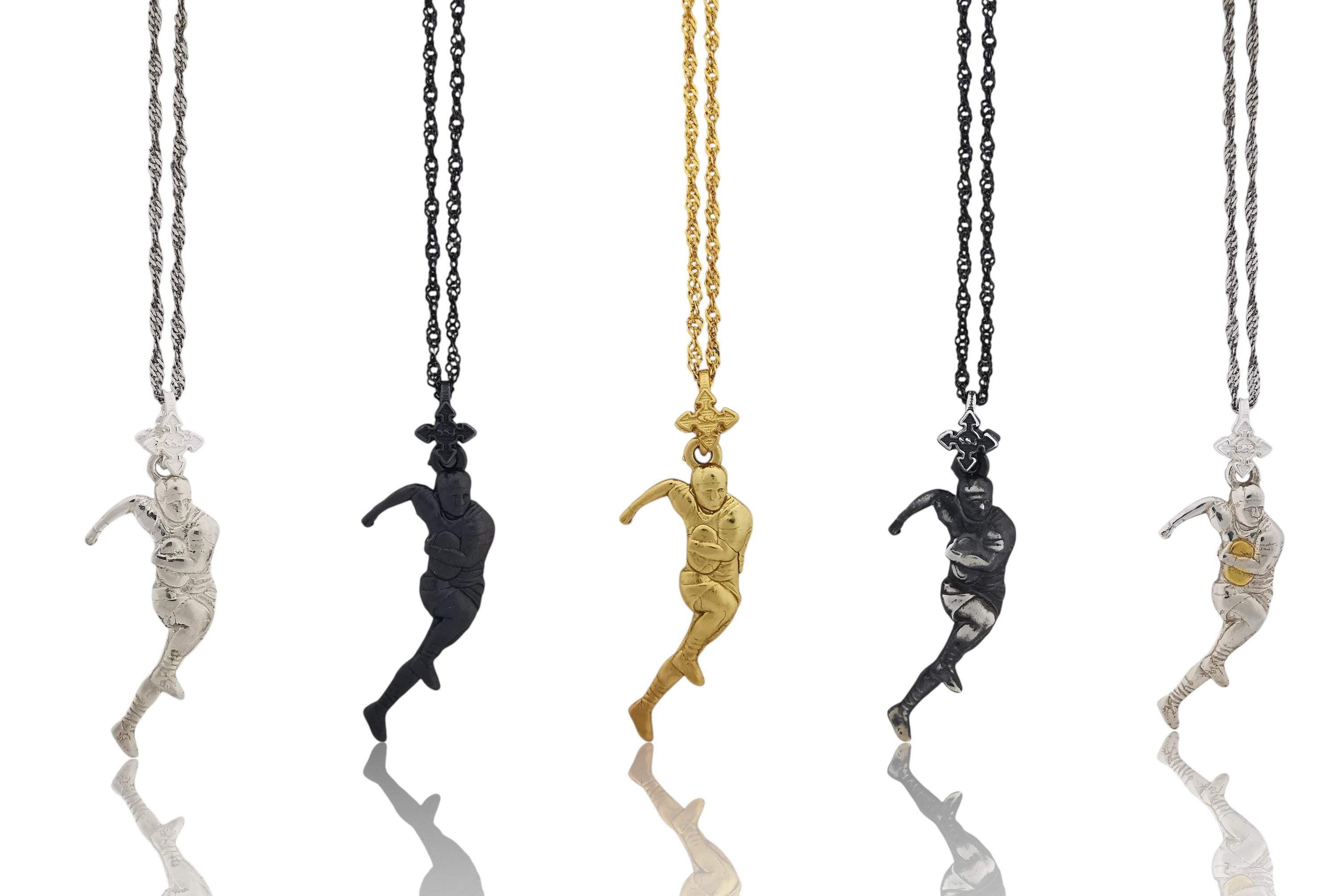 Ръгби – Мъжки спортен медальон от сребро 925 в класическо сребро – Ръчно изработено спортно бижу – Идеален подарък за мъж, фен на ръгбито – SSJ