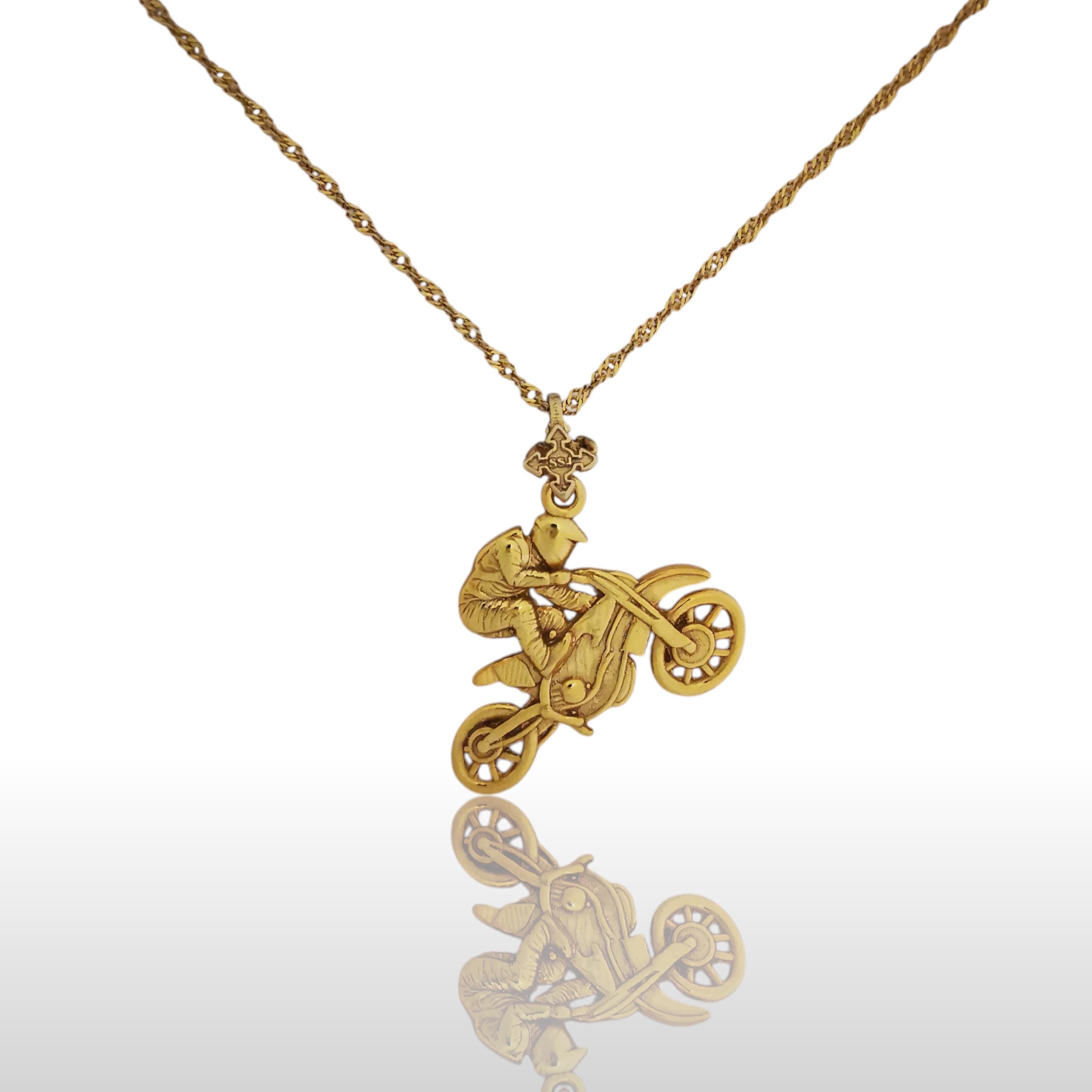 Мотокрос скок – Мъжки спортен медальон от сребро 925 с позлатено покритие – Ръчно изработено спортно бижу – Идеален подарък за мъж, фен на мотокроса – SSJ