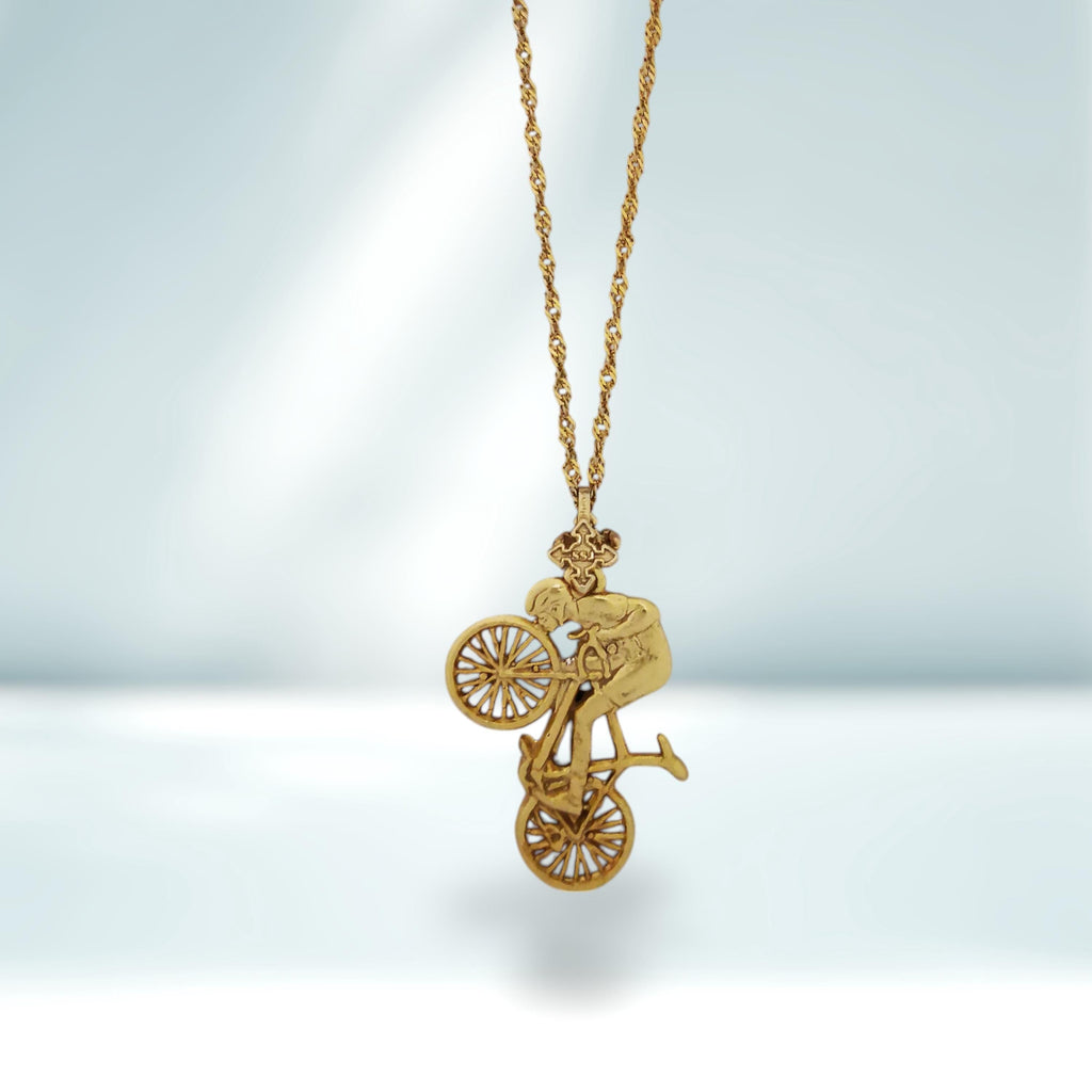 Колоездач – Мъжки спортен медальон от сребро 925 с позлатено покритие – Ръчно изработено бижу за шосейно колоездене – Символ на любовта към спорта – SSJ