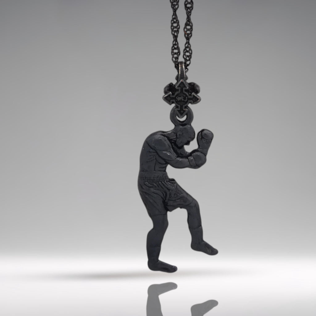 Боксьор – Мъжки спортен медальон за бойци, боксьори и MMA атлети от сребро 925 с оксидирано покритие – Ръчно изработено бижу талисман за бойни изкуства – SSJ