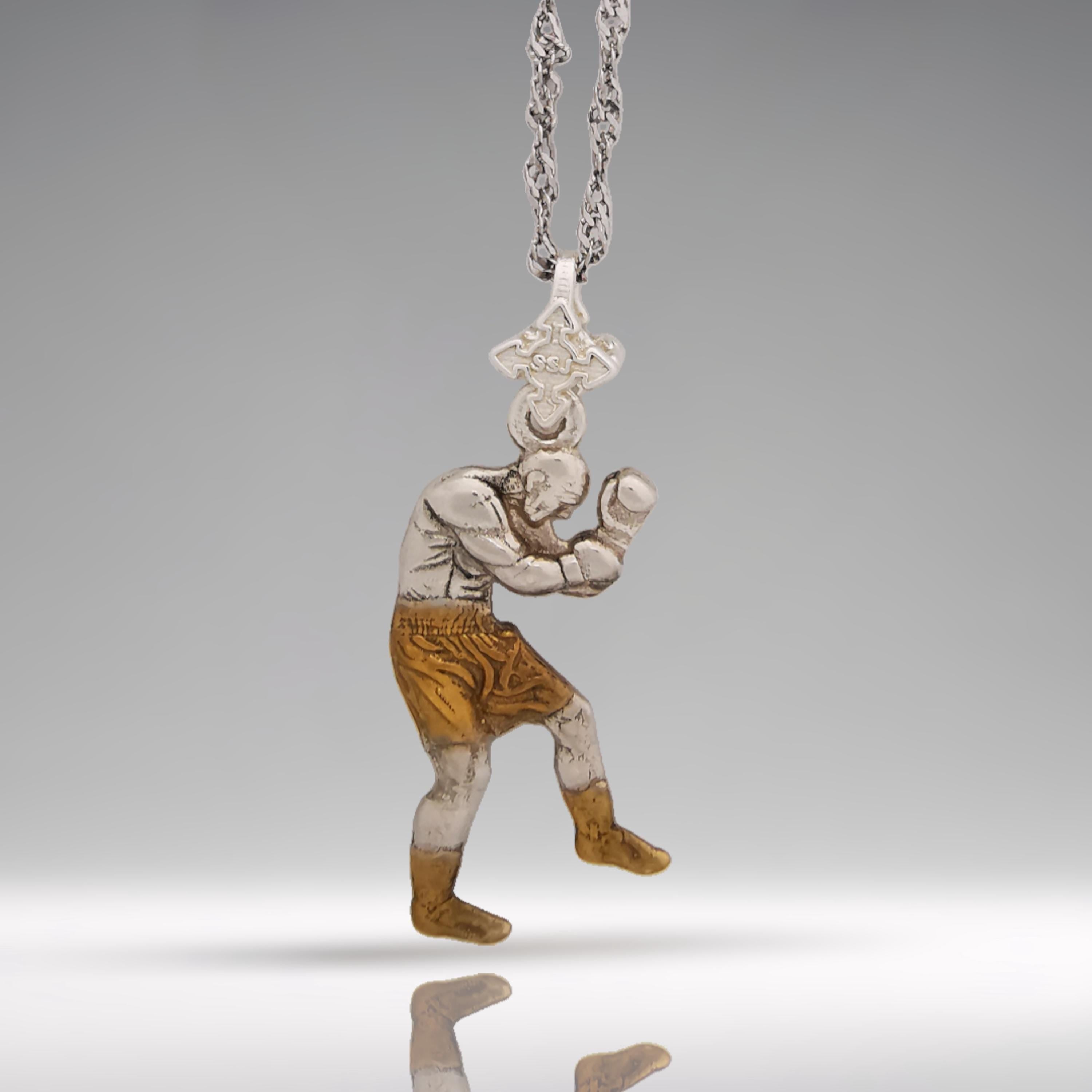 Боксьор – Мъжки спортен медальон за бойци, боксьори и MMA атлети от сребро 925 с частично позлатено покритие – Ръчно изработено бижу талисман за бойни изкуства – SSJ