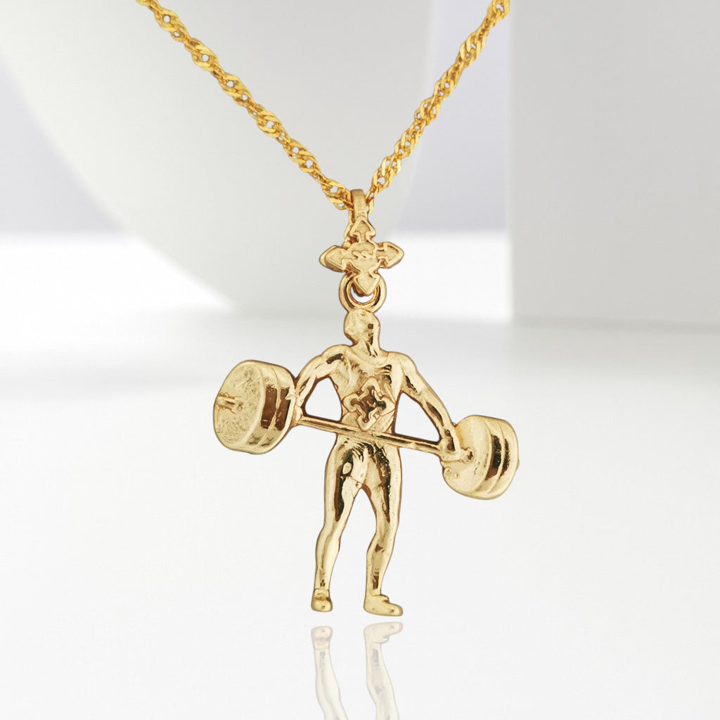 Вдигане на тежести – Мъжки спортен медальон от сребро 925 с позлатено покритие – Ръчно изработено спортно бижу – Идеален подарък за мъж, фен на силовите спортове – SSJ