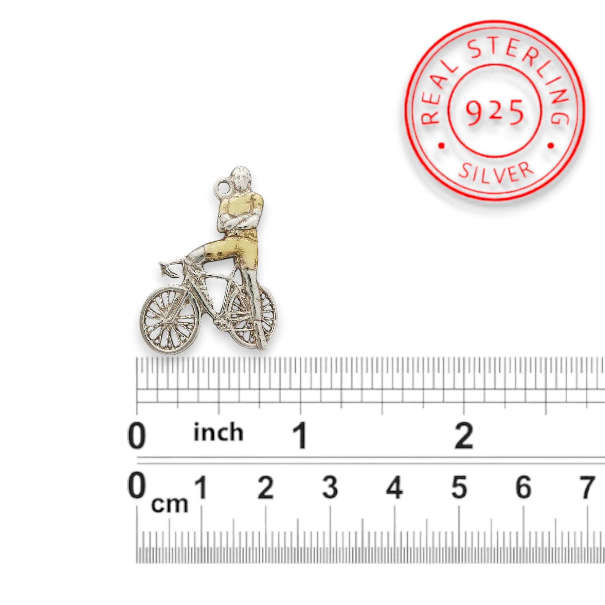 Колоездач – Велосипедист – Мъжко спортно бижу от сребро 925 с частично позлатено покритие – Ръчно изработен медальон/талисман – Идеален подарък – SSJ