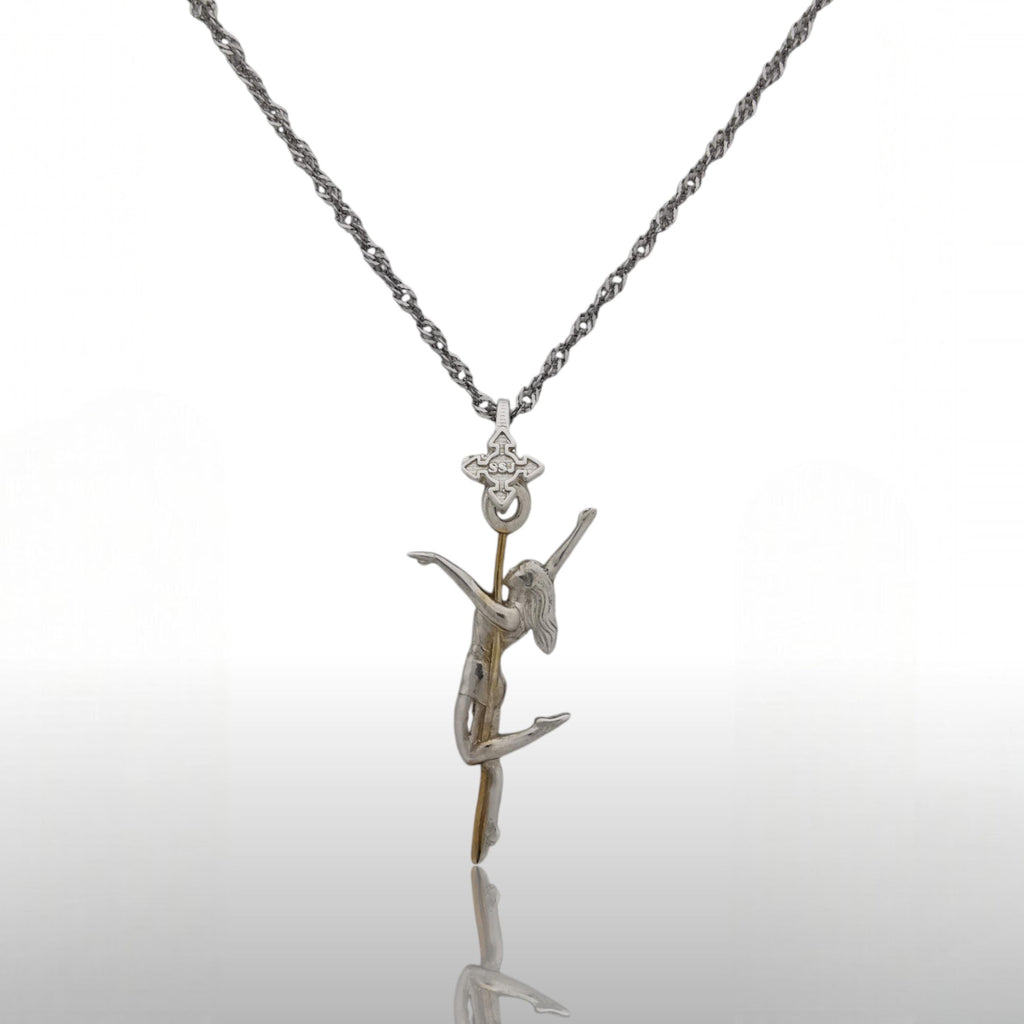 Pole Dance (Танци на пилон) – Дамски спортен медальон от сребро 925 с частично позлатено покритие – Ръчно изработено спортно бижу – Идеален подарък за жена, фенка на гимнастиката – SSJ