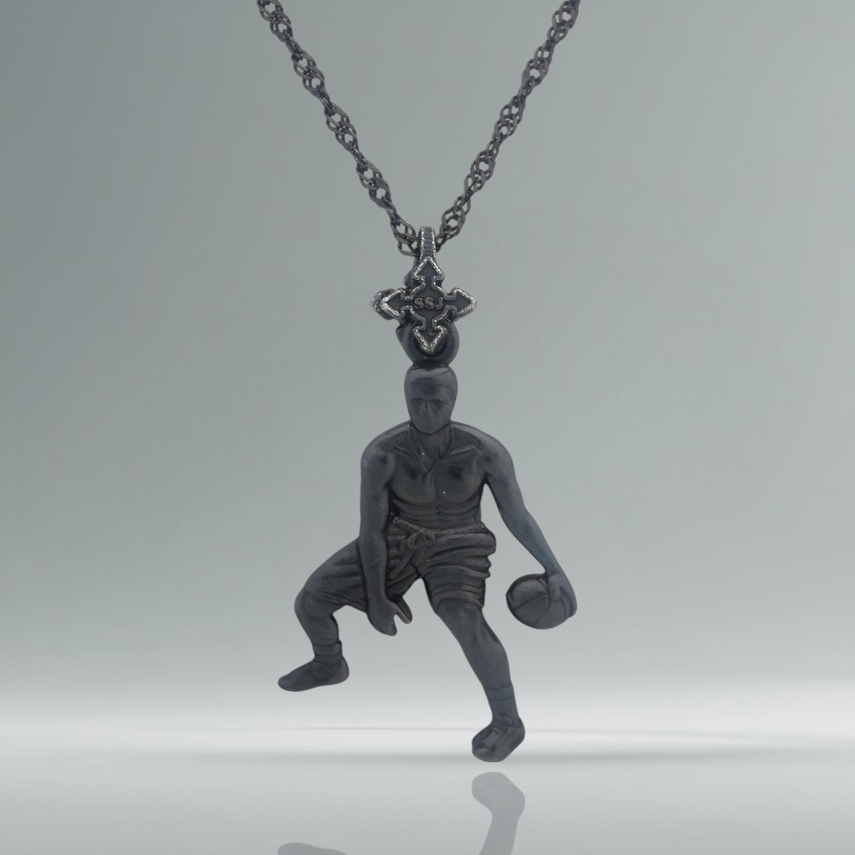 Баскетбол – Мъжки спортен медальон от сребро 925 с оксидирано черно покритие – Ръчно изработено бижу талисман за баскетболисти и фенове – Идеален подарък за спортист, треньор или почитател – SSJ