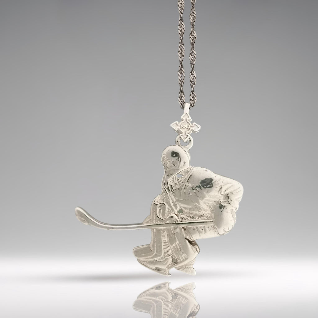 Хокеист (вратар) – Мъжки спортен медальон от сребро 925 с класическо покритие – Ръчно изработено спортно бижу – Идеален подарък за мъж, фен на хокея – SSJ