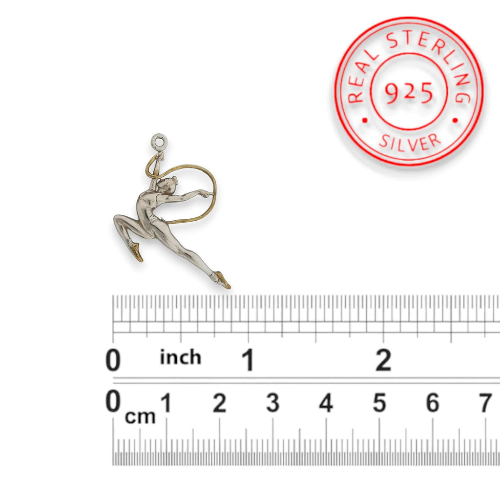 Художествена гимнастика (съчетание с лента) – Дамски спортен медальон от сребро 925 с частично позлатено покритие – Ръчно изработено спортно бижу – Идеален подарък за жена, фенка на художествената гимнастика – SSJ