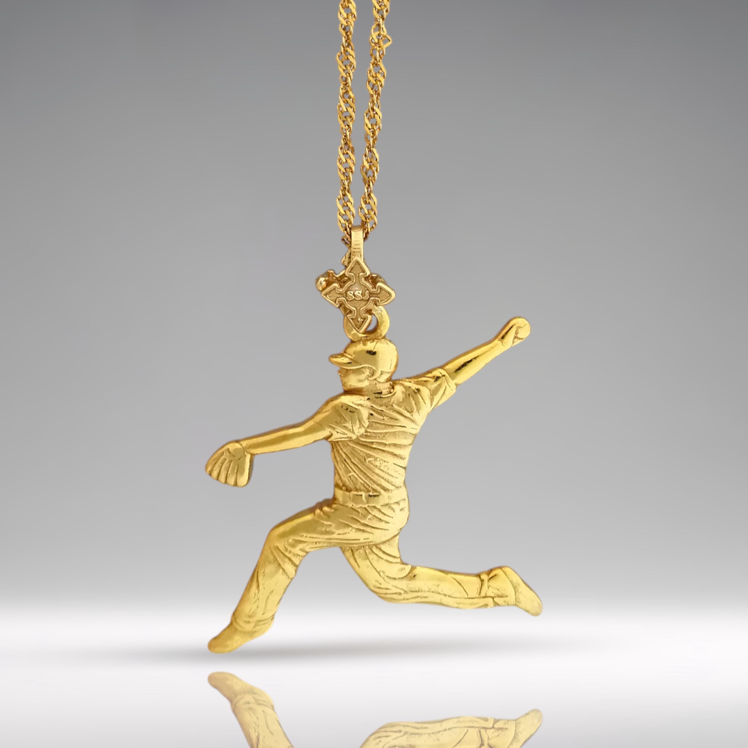 Бейзбол – Мъжки спортен медальон за бейзболист питчър от сребро 925 с позлатено покритие – Ръчно изработено бижу талисман – Идеален подарък за спортисти, треньори и фенове – SSJ