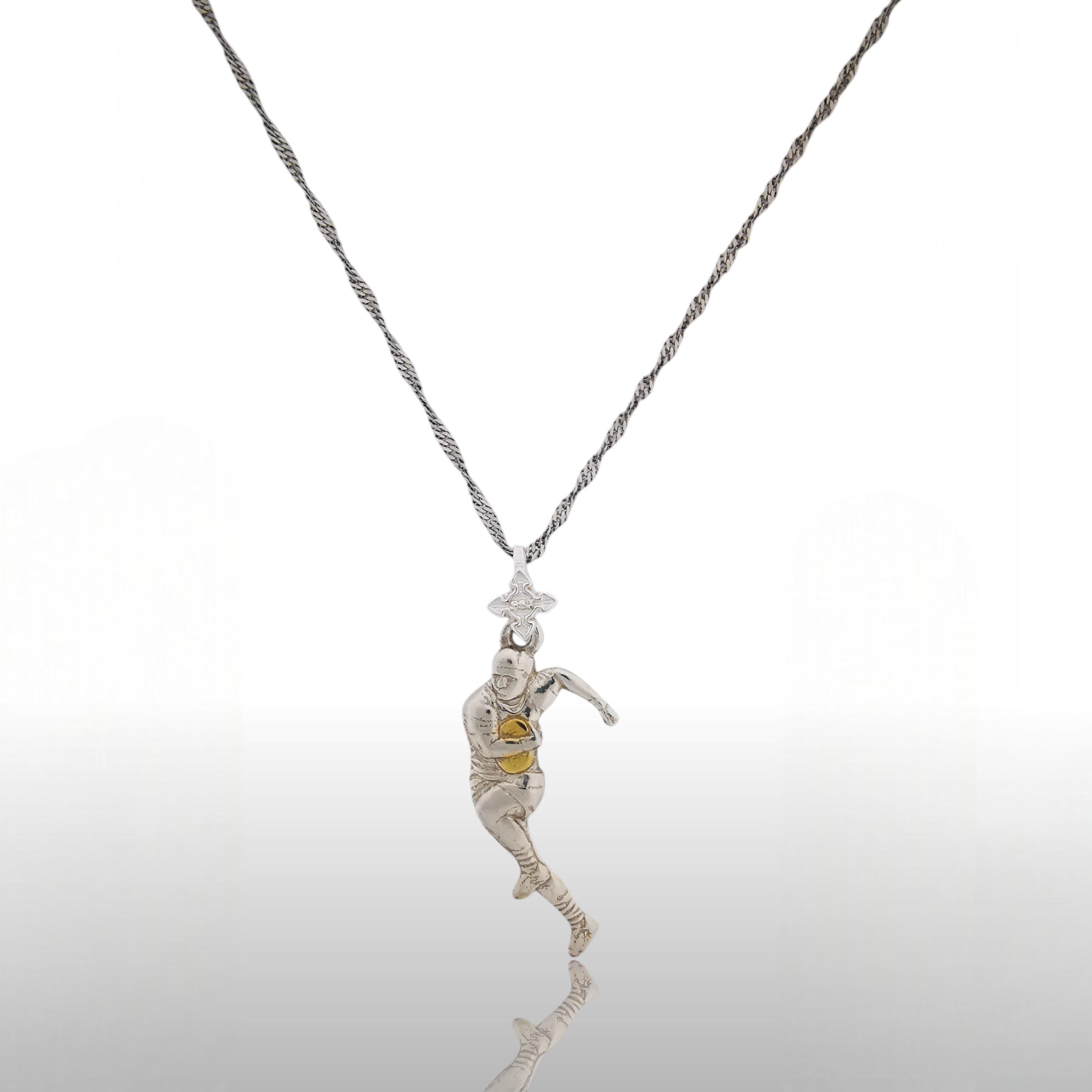 Ръгби – Мъжки спортен медальон от сребро 925 с частично позлатено покритие – Ръчно изработено спортно бижу – Идеален подарък за мъж, фен на ръгбито – SSJ