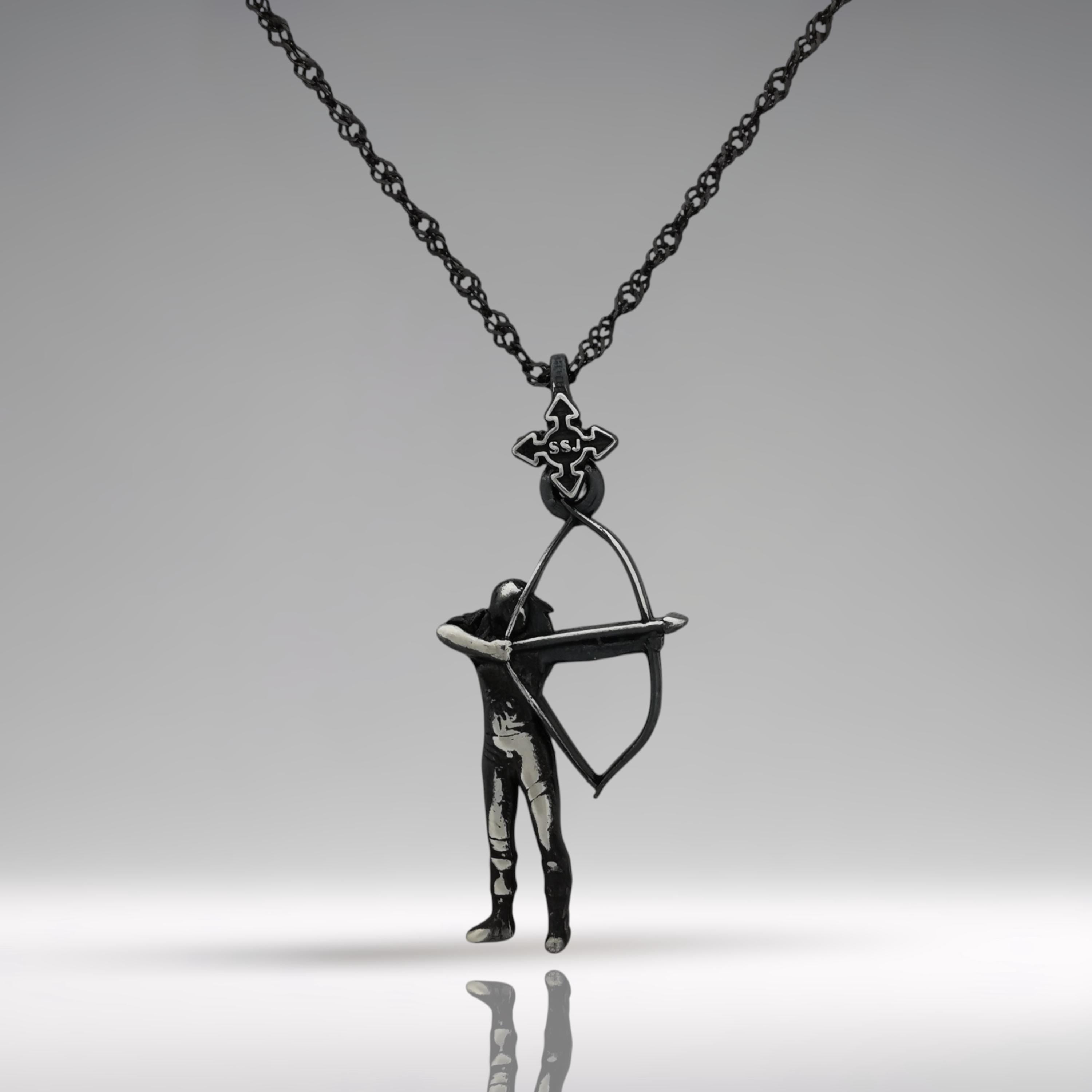 Vintage style archer necklace for women handcrafted from solid 925 sterling silver with an antiqued finish – a bold and symbolic pendant featuring a female archer in motion. Designed for women who value focus, tradition, and inner strength, this piece blends sport and timeless elegance.

The rugged contrast finish gives the pendant depth and character, celebrating resilience, precision, and the empowering energy of archery.