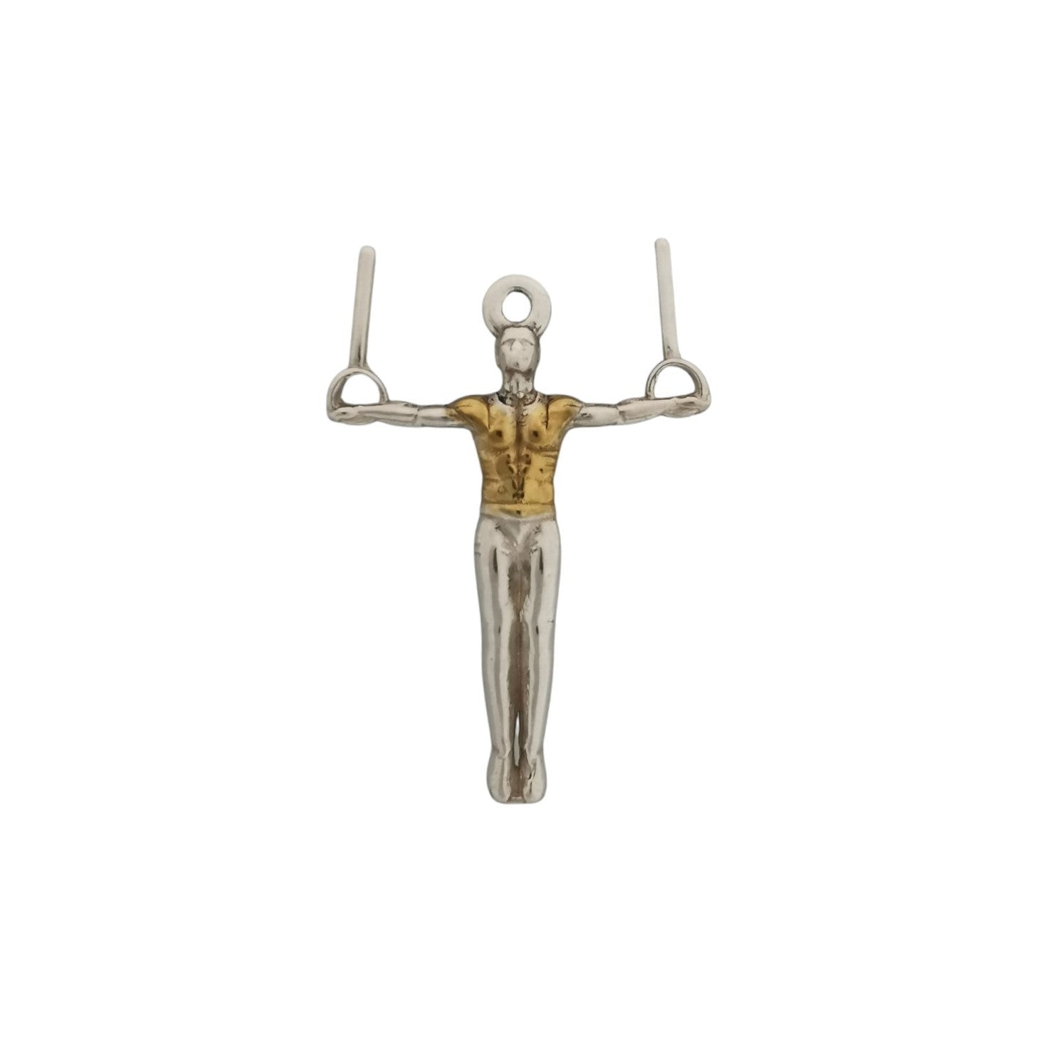 Мъжки спортен медальон от сребро 925 – Позлатено бижу талисман за гимнастици и спортисти – Ръчно изработен медальон „Гимнастик на халки“ – Идеален подарък за спортист, треньор или фен – SSJ