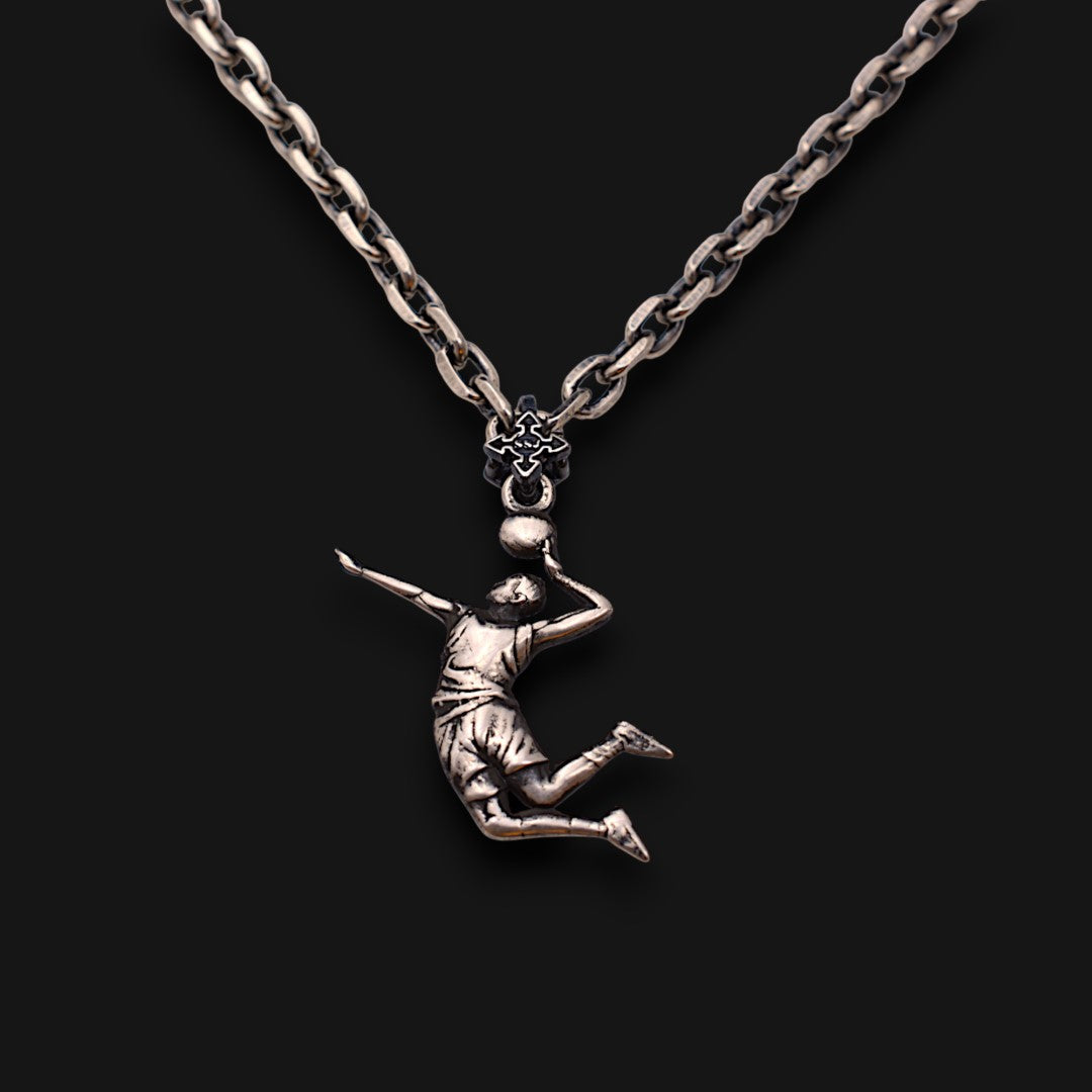 Сребърен мъжки медальон 925 волейбол | Волейболист в скок – винтидж