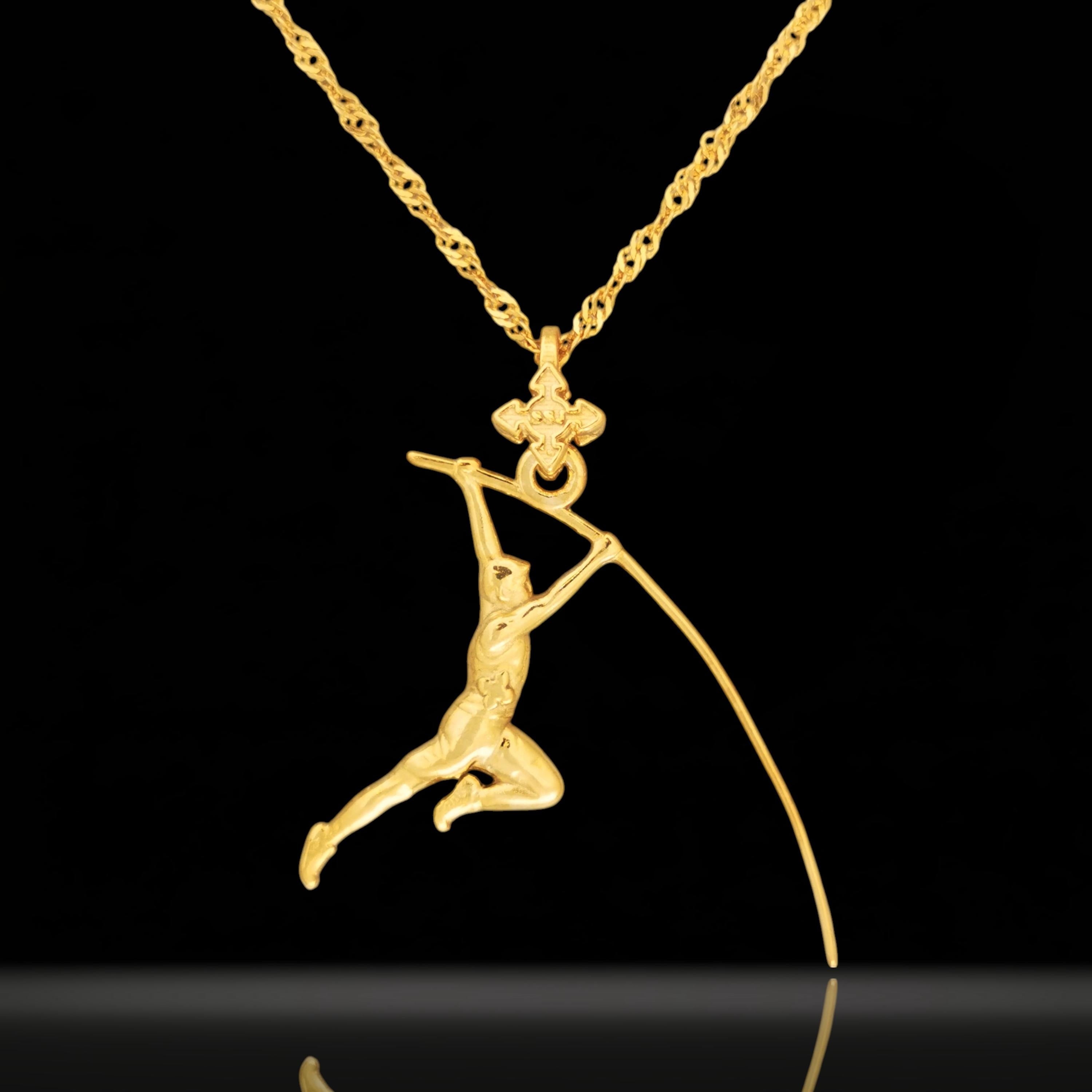 Gold-plated pole vault pendant for men — a powerful and refined 925 silver piece that honors motion, mastery, and the courage to soar. Sculpted mid-flight, the male vaulter is cast in solid sterling silver and finished with radiant gold plating — a striking symbol for athletes who chase progress and rise above, both on the field and in life.