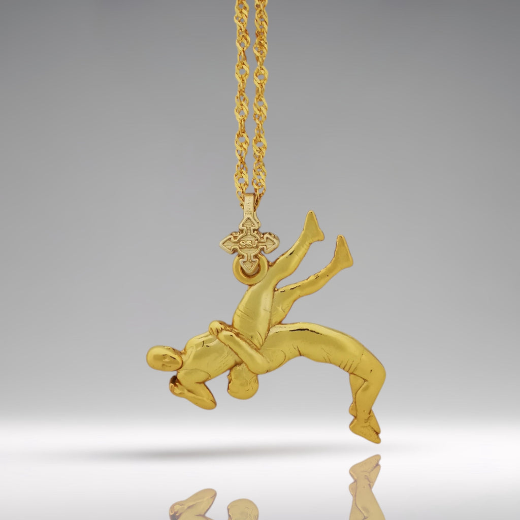 Борец – Мъжки спортен медальон за борба от сребро 925 с позлатено покритие – Ръчно изработено бижу талисман за спортисти, треньори и фенове на бойните изкуства – SSJ