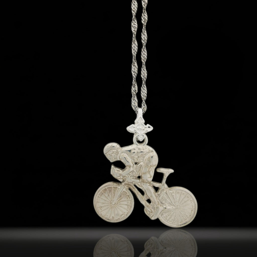 Колоездач – Велосипедист – Мъжки спортен медальон от сребро 925 – Ръчно изработено бижу за любители на колоезденето – SSJ