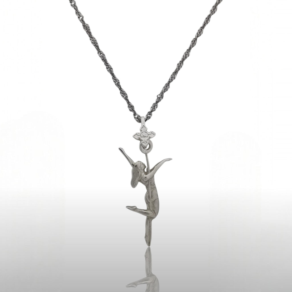 Pole Dance (Танци на пилон) – Дамски спортен медальон от сребро 925 в класическо сребро – Ръчно изработено спортно бижу – Идеален подарък за жена, фенка на гимнастиката – SSJ