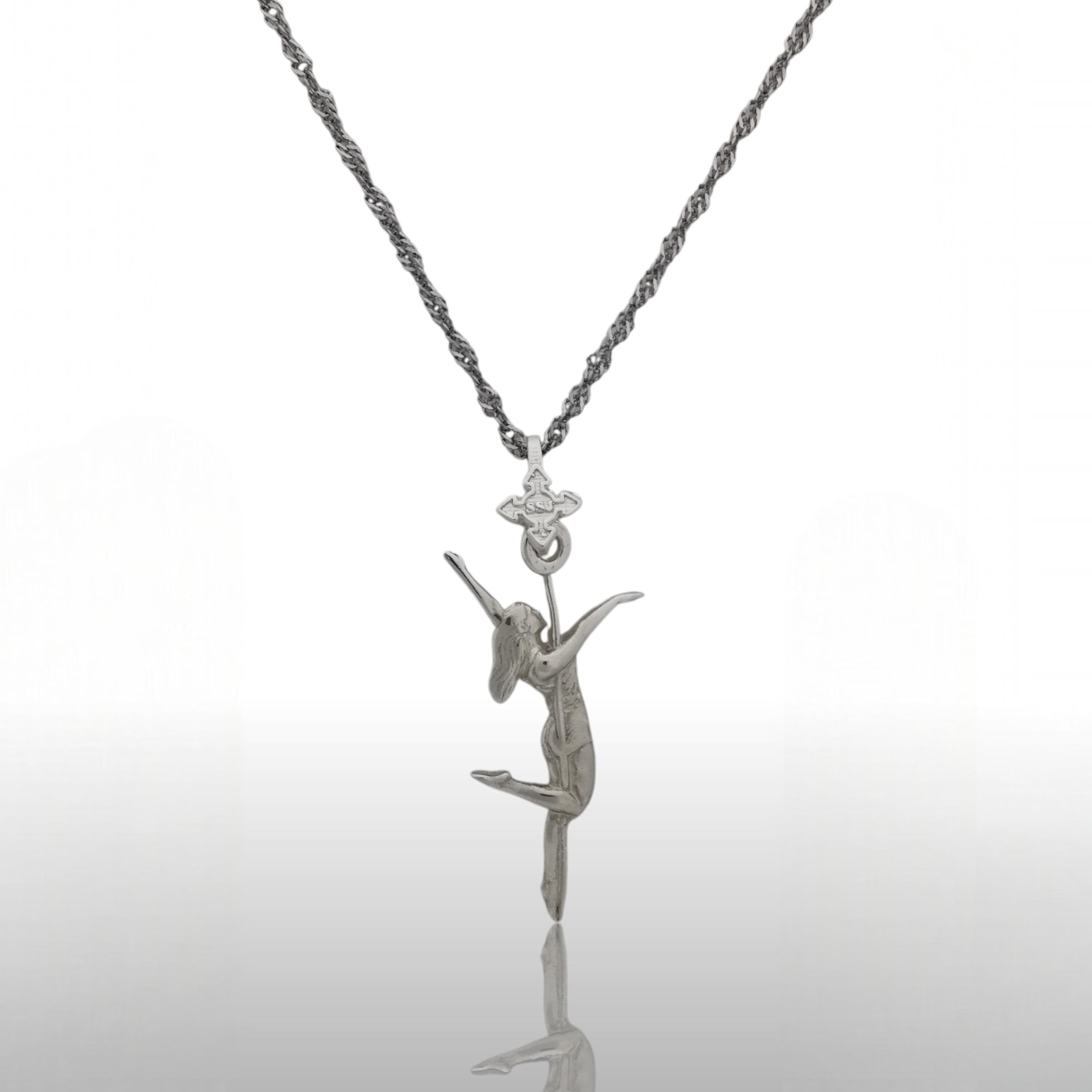 Pole Dance (Танци на пилон) – Дамски спортен медальон от сребро 925 в класическо сребро – Ръчно изработено спортно бижу – Идеален подарък за жена, фенка на гимнастиката – SSJ