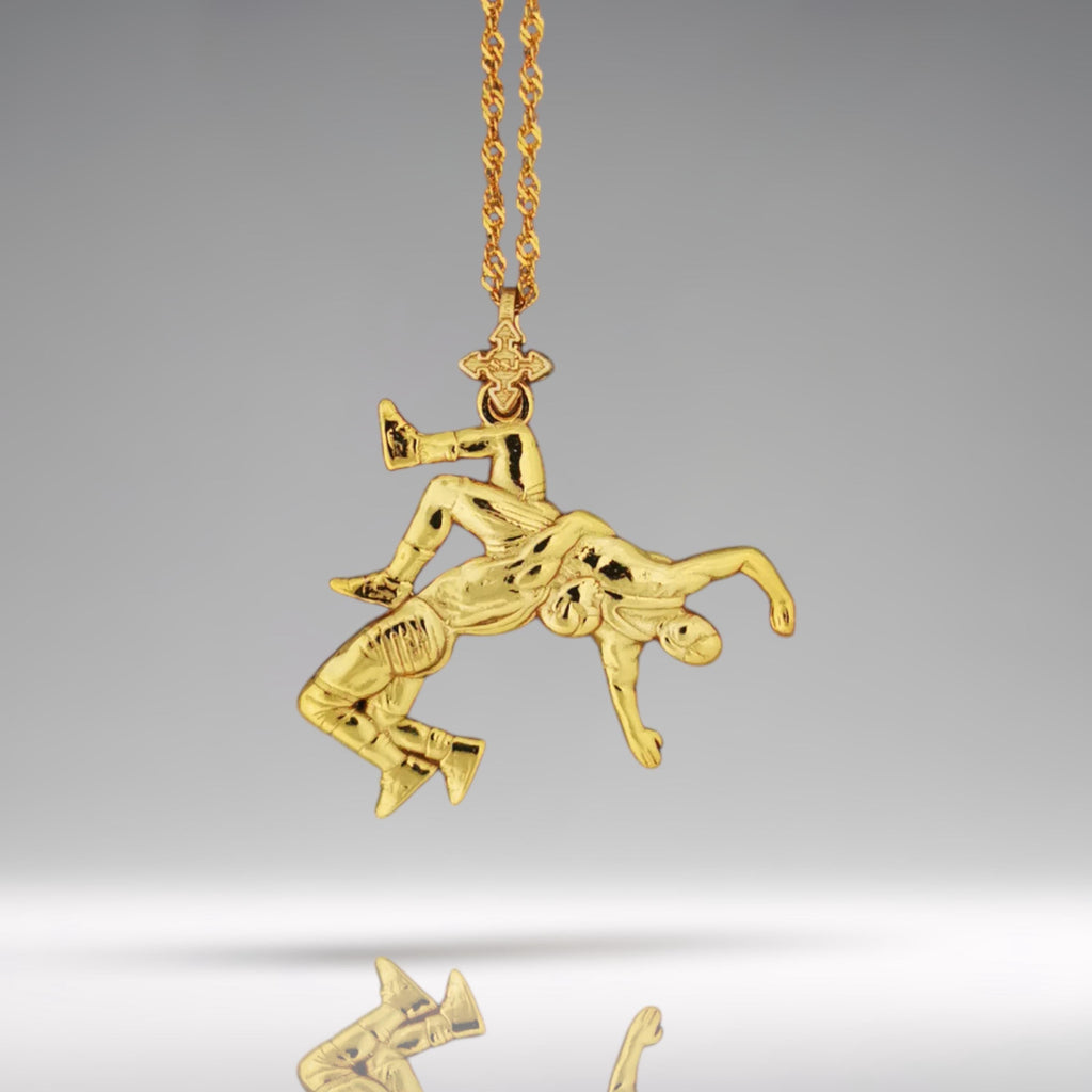 Gold-plated 925 sterling silver wrestling pendant for men – handmade in the EU, ideal for birthdays, graduation, or Father’s Day. Celebrate the strength and spirit of freestyle wrestling with this handcrafted pendant, featuring a wrestler in the middle of a powerful suplex. The rich gold finish adds refined elegance to a raw symbol of resilience, technique, and athletic pride.For men who fight with purpose — on the mat and in life — this piece honors grit, determination, and bold personal style.