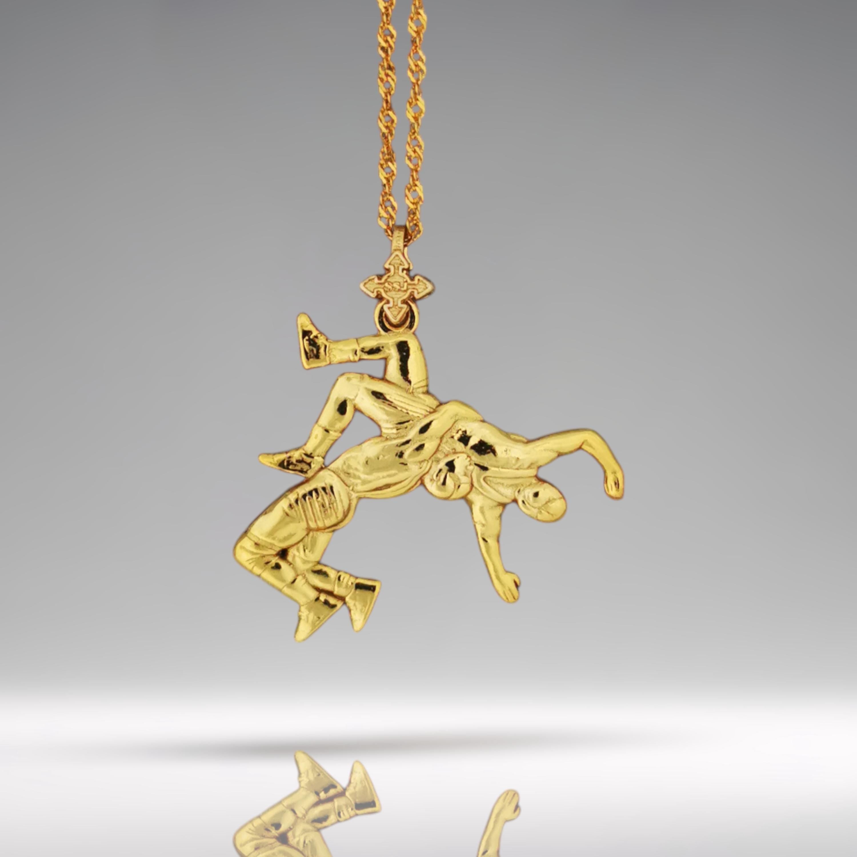 Gold-plated 925 sterling silver wrestling pendant for men – handmade in the EU, ideal for birthdays, graduation, or Father’s Day. Celebrate the strength and spirit of freestyle wrestling with this handcrafted pendant, featuring a wrestler in the middle of a powerful suplex. The rich gold finish adds refined elegance to a raw symbol of resilience, technique, and athletic pride.For men who fight with purpose — on the mat and in life — this piece honors grit, determination, and bold personal style.